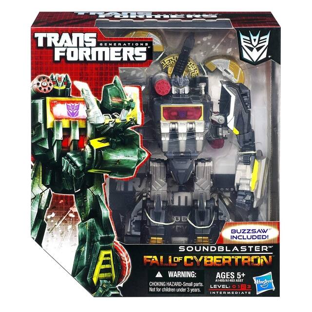 TRANSFORMERS  
GENERATIONS  

SOUND BLASTER  
FAILOF CYBERTRON  

BUZZSAW INCLUDED!  

WARNING: CHOKING HAZARD - Small parts. Not for children under 3 years.  

AGES 5+  
A1405/A1403 ASST  

LEVEL: INTERMEDIATE  

Hasbro