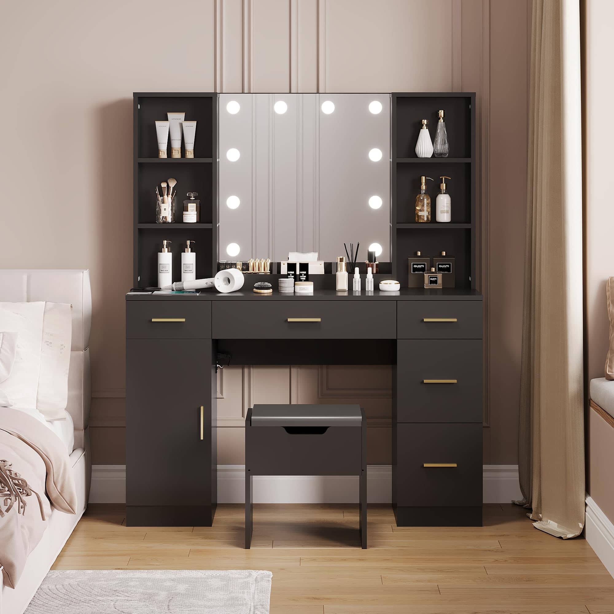 Acekool - Farmhouse Vanity Set with Lighted Mirror,56 Inch Modern Makeup Vanity with Charging Station&Storage Shelves - Black