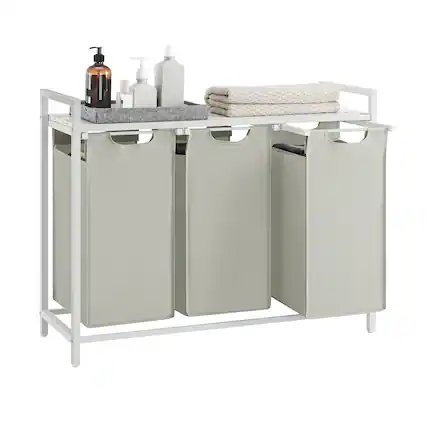 Front. Songmics Home - Laundry Hamper, Laundry Basket, Laundry Sorter with 3 Pull-Out,Removable Bags, Shelf, Metal Frame, 3 x 10 Gallons (38L) - White.