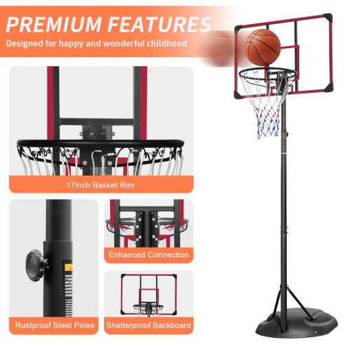 **PREMIUM FEATURES**  
Designed for happy and wonderful childhood  

- 17inch Basket Rim  
- Enhanced Connection  
- Rustproof Steel Poles  
- Shatterproof Backboard