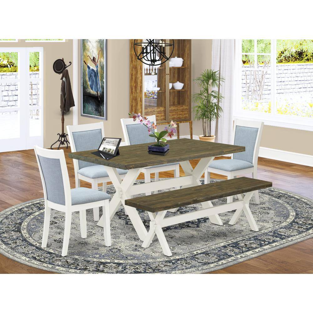 Alt View 3. East West Furniture - X076MZ015-6 6-Pc Table Set Consists of a Wood Table - 4 Baby Blue Padded Chairs and a Wood Bench - Wire Brushed Linen - Multi-Color.