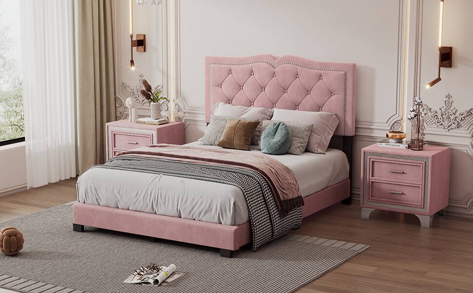 Alt View 4. Tiramisubest - Full Size Upholstered Bed Frame with Rivet Design, Modern Velvet Platform Bed with Tufted Headboard,Pink - Pink.