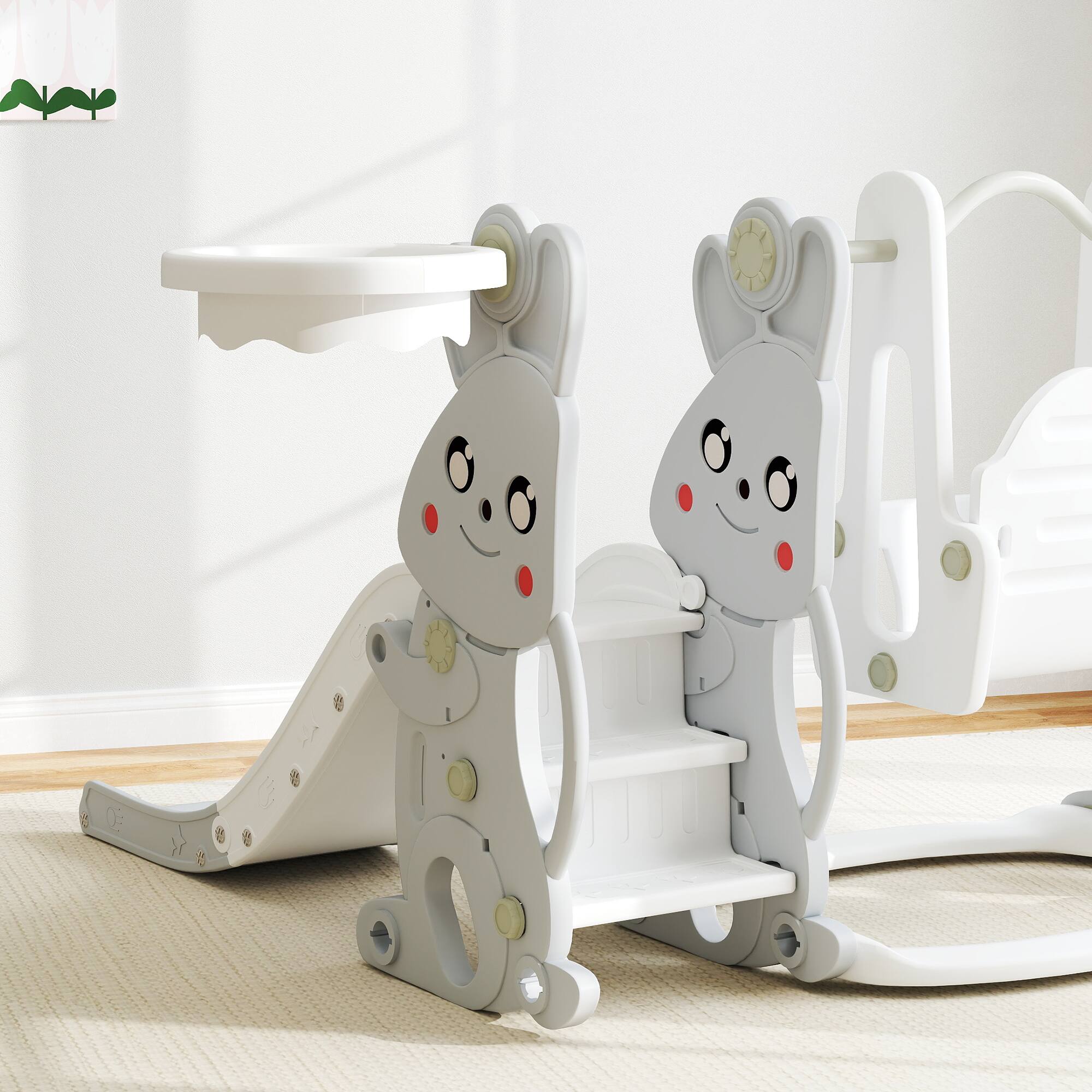 Alt View 5. Qaba - 4 in 1 Toddler Slide and Swing Set, Kids Playset, Ages 1.5-4, Rabbit Themed, Climber, Basket Hoop, Indoor Outdoor.