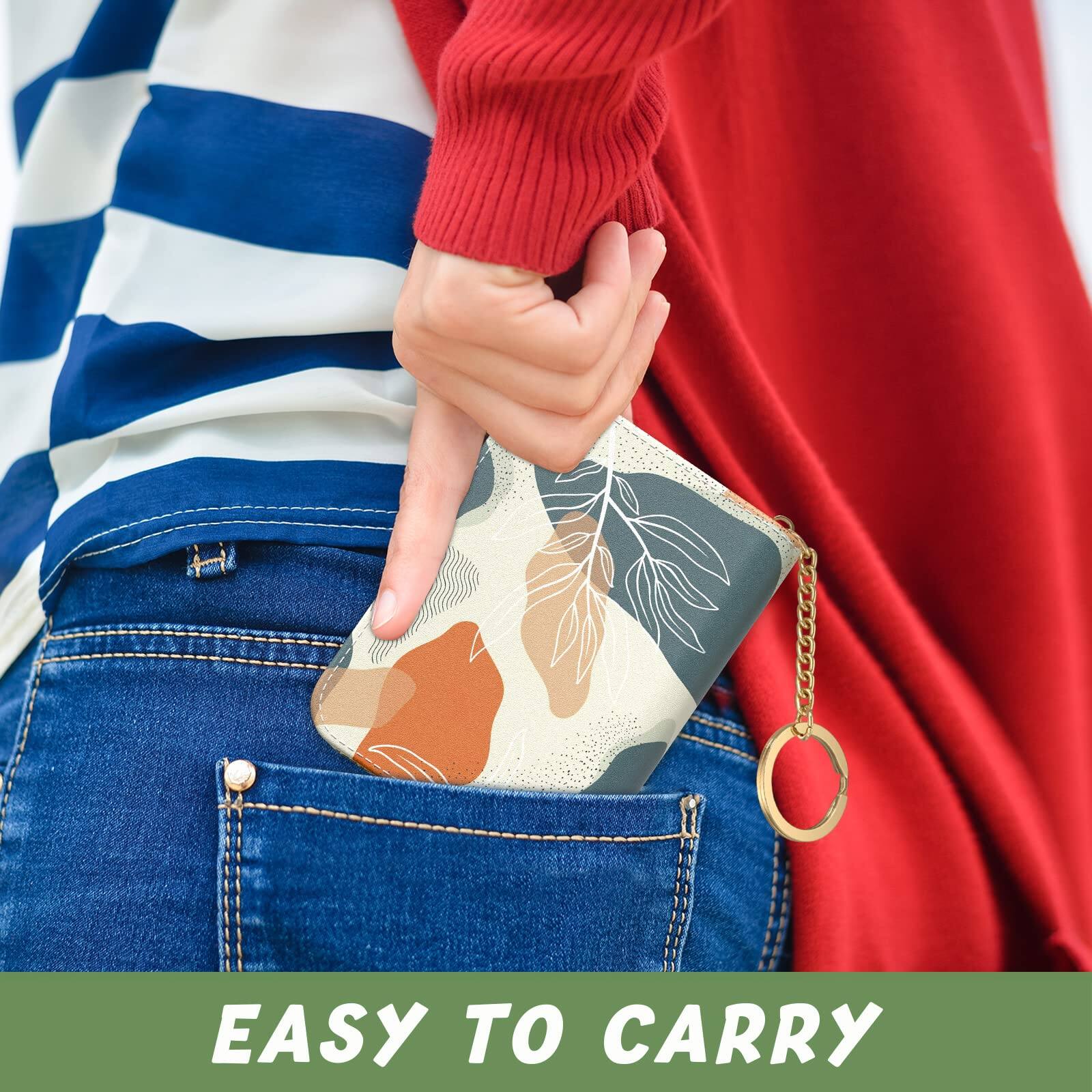 Alt View 4. Jadie Link - Credit Card Holder Small Rfid Wallet Slim Leather Organizer Case Zipper Keychain Abstract Boho Leaves Protable Compact - B-Work Hard-Card Holder.