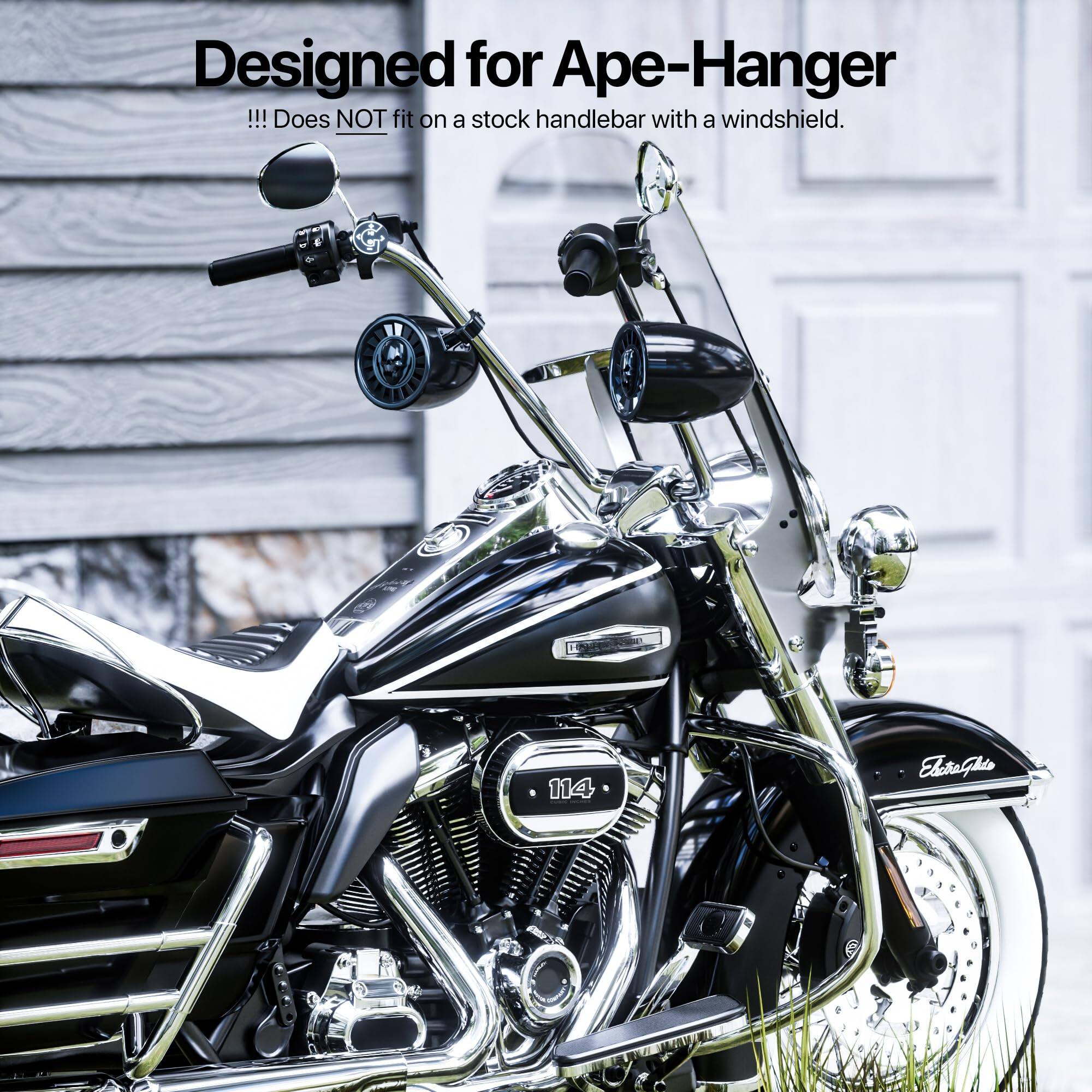 Designed for Ape-Hanger  
!!! Does NOT fit on a stock handlebar with a windshield.