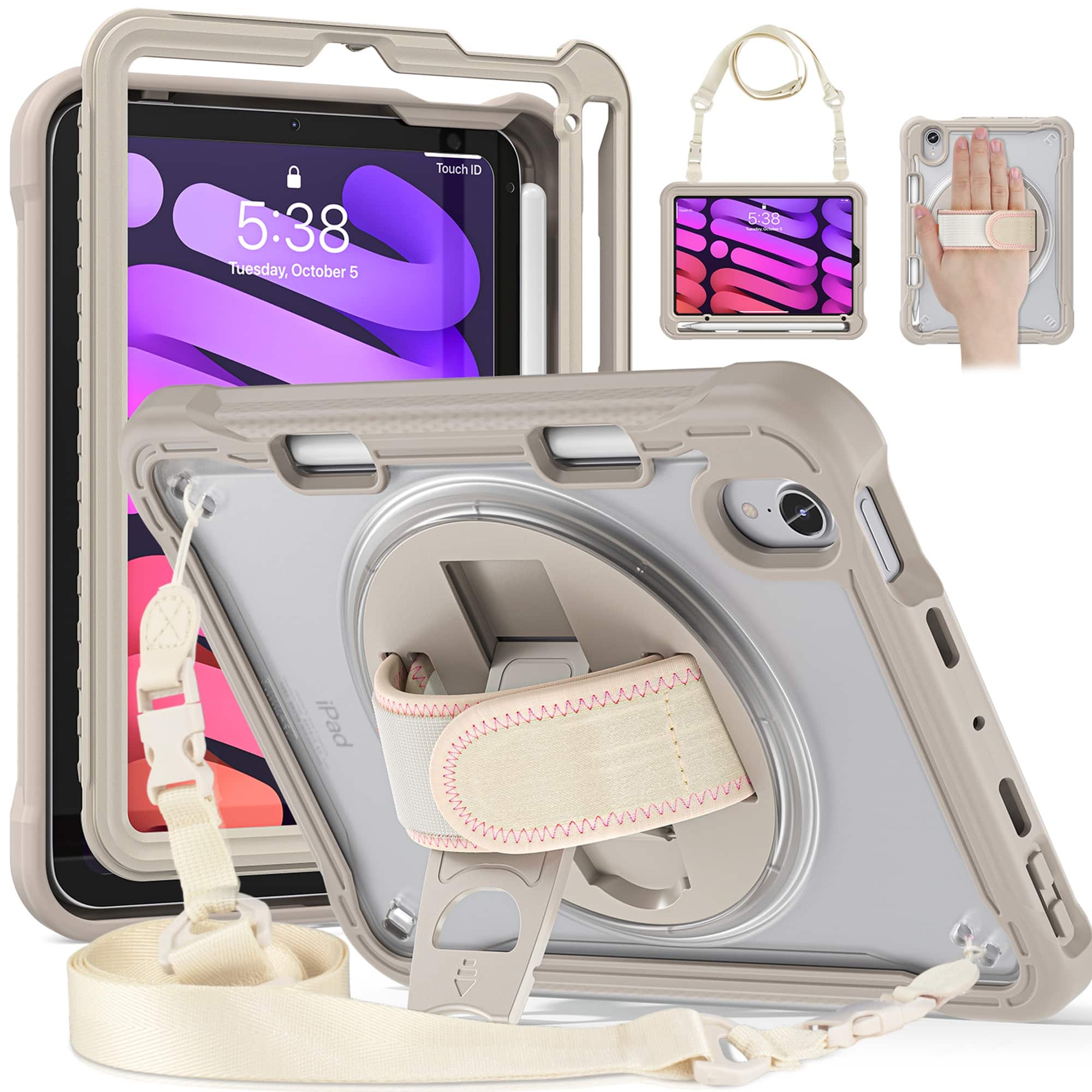 Dteck - Rugged Case for Apple iPad mini (A17 Pro) 2024/iPad mini 6 Shockproof Handstrap Foldable Kickstand Cover+Crossbody Strap - Khaki
