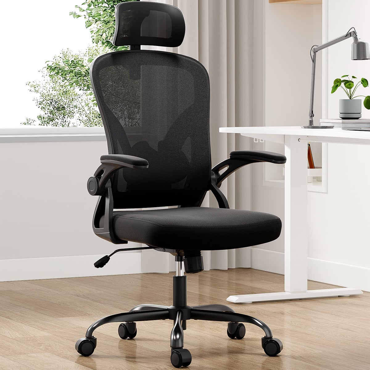 Spaco - Ergonomic Executive Office Chair, Desk Chair with Headrest, High Back, Armrests, Adjustable Lumbar Support - Black