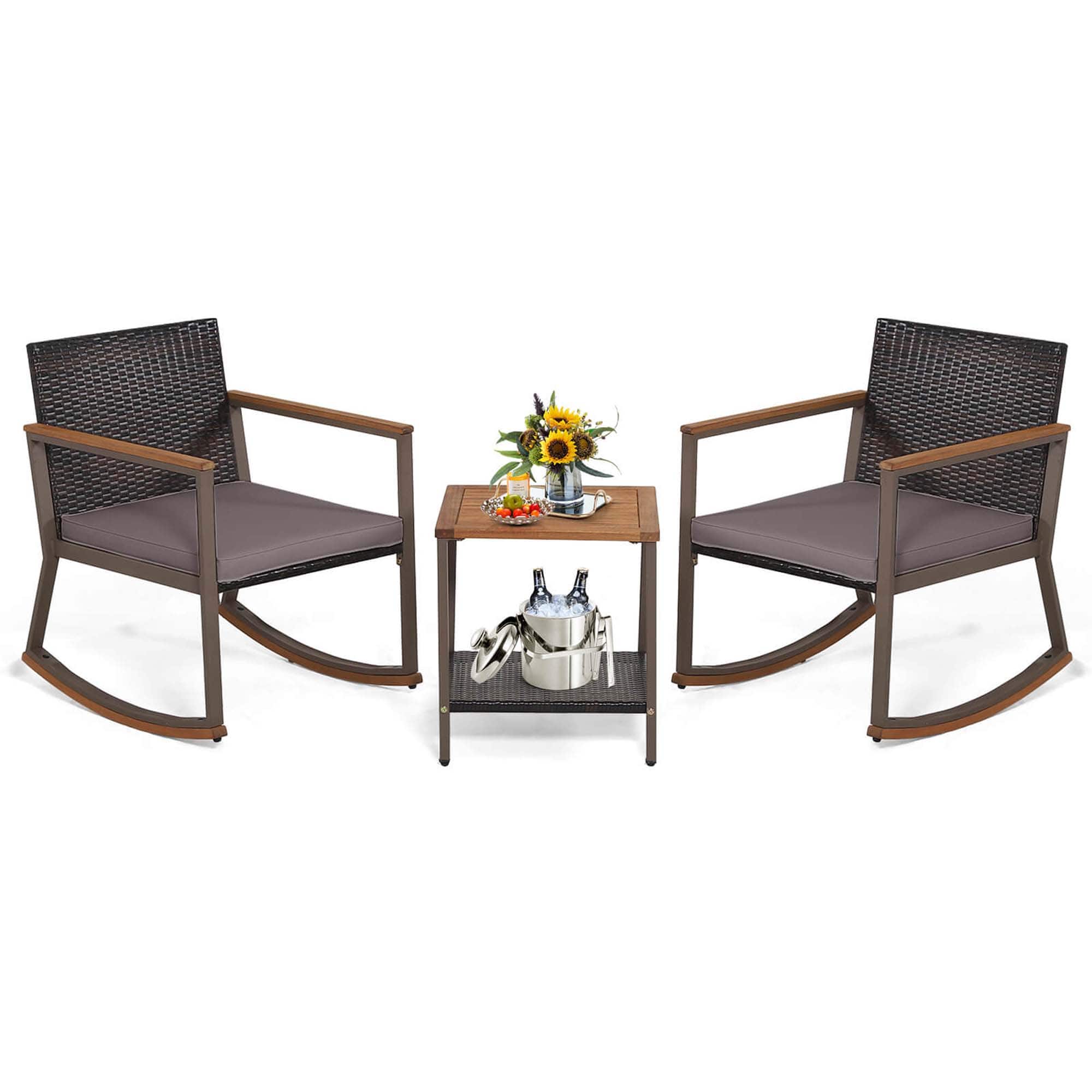 Front. Costway - 3 PCS Patio Rattan Rocking Chair Bistro Set Armrest Cushion Table with Storage Shelf - Gray.