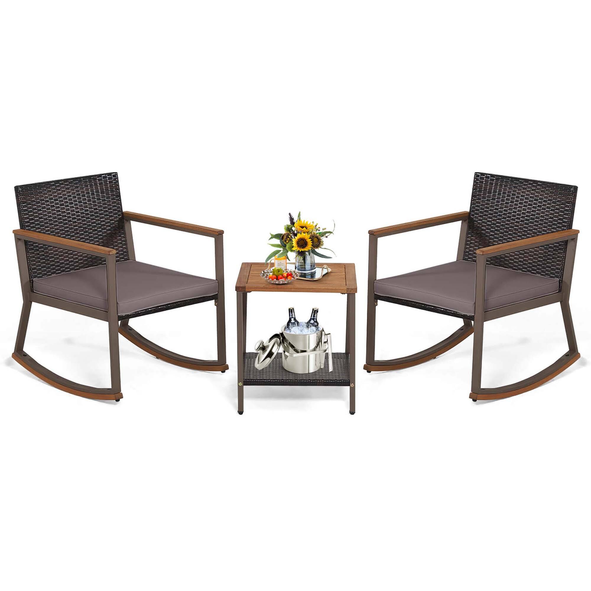 Front. Costway - 3 PCS Patio Rattan Rocking Chair Bistro Set Armrest Cushion Table with Storage Shelf - Gray.