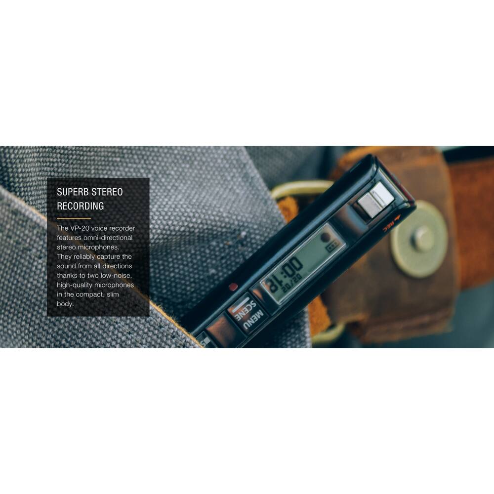 SUPERB STEREO RECORDING

The VP-20 voice recorder features omni-directional stereo microphones. They reliably capture the sound from all directions thanks to two low-noise, high-quality microphones in the compact, slim body.