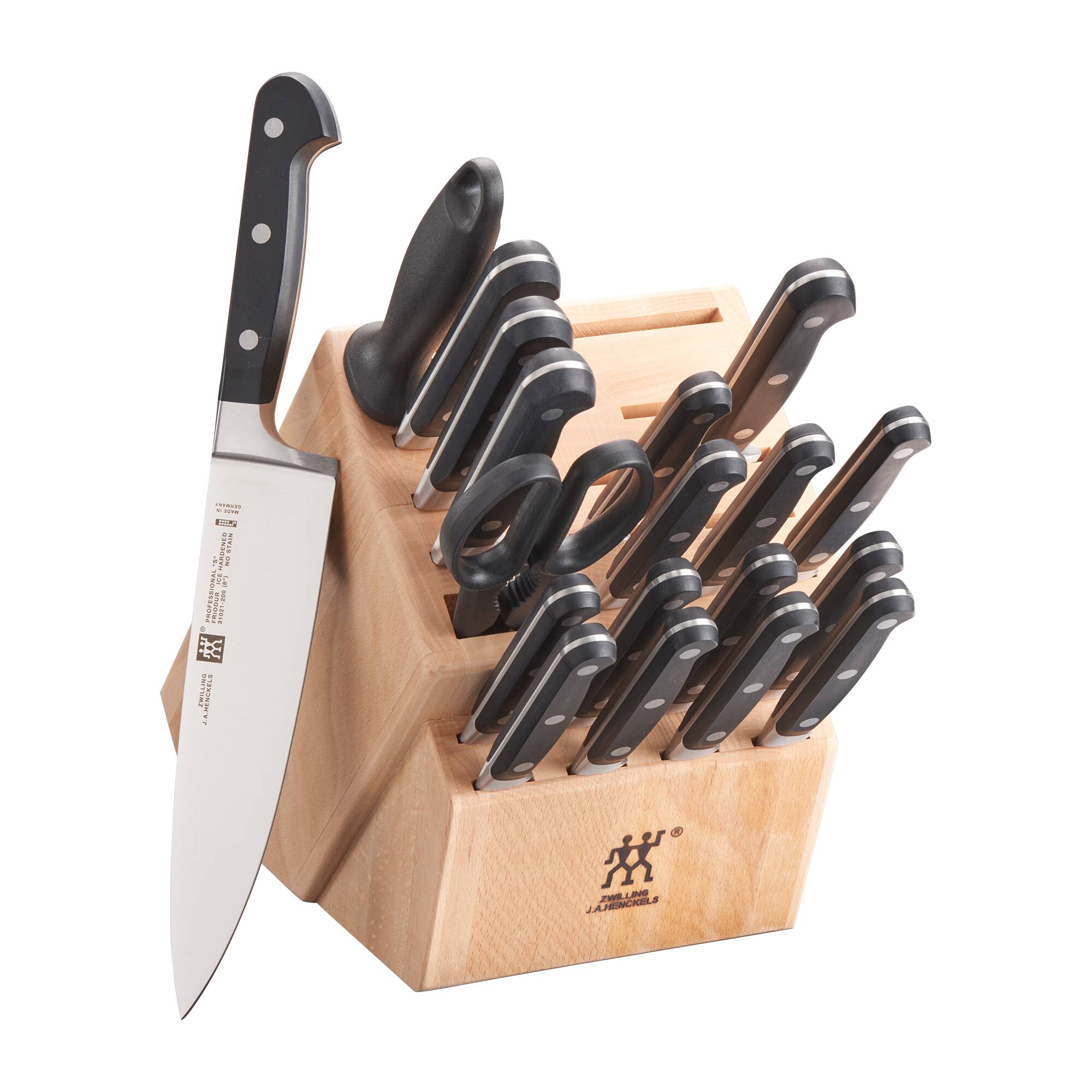 Sure, here is the corrected and grouped text from the image:

**Knife Block:**
- J.A. HENCKELS
- J.A. HENCKELS
- J.A. HENCKELS

**Knife Blade:**
- J.A. HENCKELS
- Made in Germany
- 18/10 Stainless Steel
- Handcrafted
- Lifetime Warranty
- Made in Germany