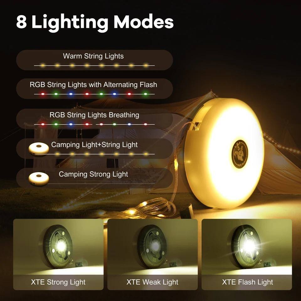 8 Lighting Modes
- Warm String Lights
- RGB String Lights with Alternating Flash
- RGB String Lights Breathing
- Camping Light+String Light
- Camping Strong Light
- XTE Strong Light
- XTE Weak Light
- XTE Flash Light