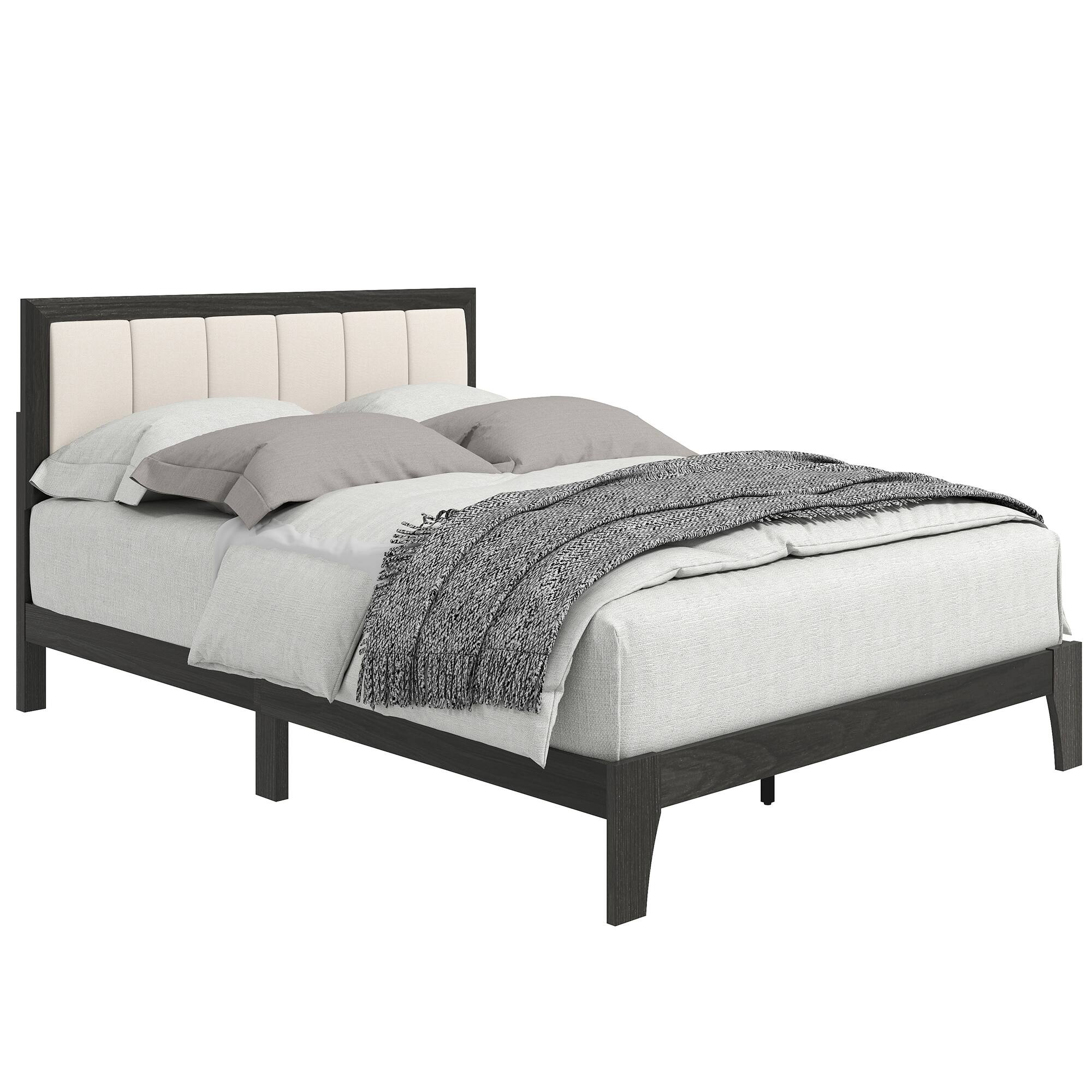 Front. Homcom - Full Upholstered Platform Bed Frame: Wood Slats No Box Spring Fast Setup - Charcoal Gray.