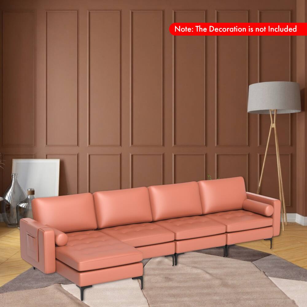 Angle. Hivvago - Modular 4-Seater L-Shaped Sectional Couch with Reversible Chaise and Dual USB Charging Ports - Pink.