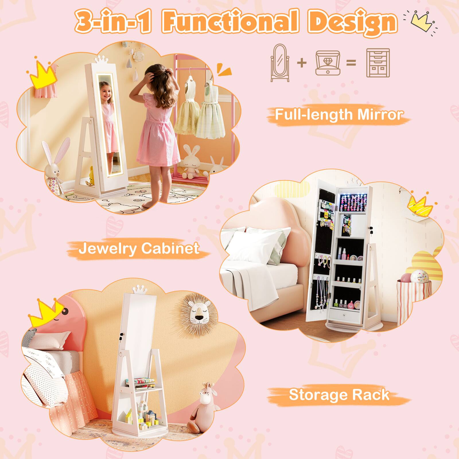 3-in-1 Functional Design

Full-length Mirror + Jewelry Cabinet = Storage Rack