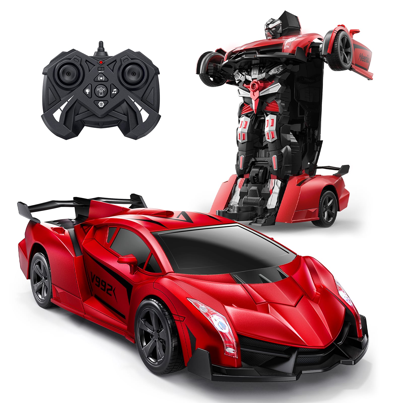 Veeniix - V992 Transform Robot RC Car, 1:14 Scale, 2-in-1 Robot Toy Car with Sound & Light Effects, Ideal Gift for Boys and Girls - Red