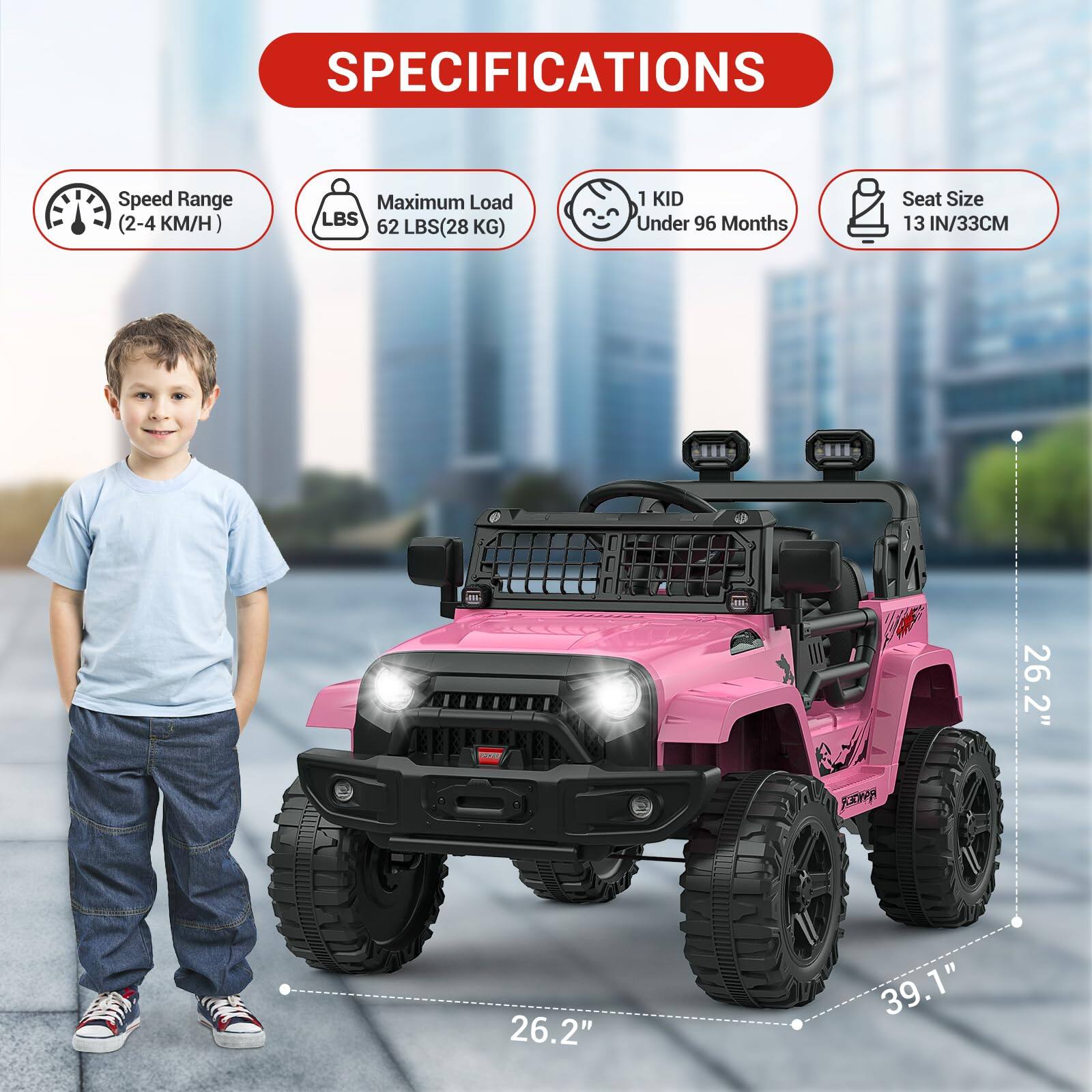 **SPECIFICATIONS**

- **Speed Range:** 2-4 KM/H
- **Maximum Load:** 62 LBS (28 KG)
- **1 KID:** Under 96 Months
- **Seat Size:** 13 IN / 33 CM

**Dimensions:**
- **Width:** 26.2"
- **Length:** 39.1"