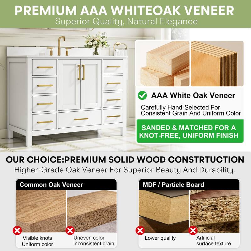 PREMIUM AAA WHITEOAK VENEER  
Superior Quality, Natural Elegance  
AAA White Oak Veneer  
Carefully Hand-Selected For Consistent Grain And Uniform Color  
SAND & MATCHED FOR A KNOT-FREE, UNIFORM FINISH  

OUR CHOICE: PREMIUM SOLID WOOD CONSTRUCTION  
Higher-Grade Oak Veneer For Superior Beauty And Durability.  

Common Oak Veneer  
Visible knots  
Uneven color  
Inconsistent grain  

MDF / Partiele Board  
Lower quality  
Artificial surface texture