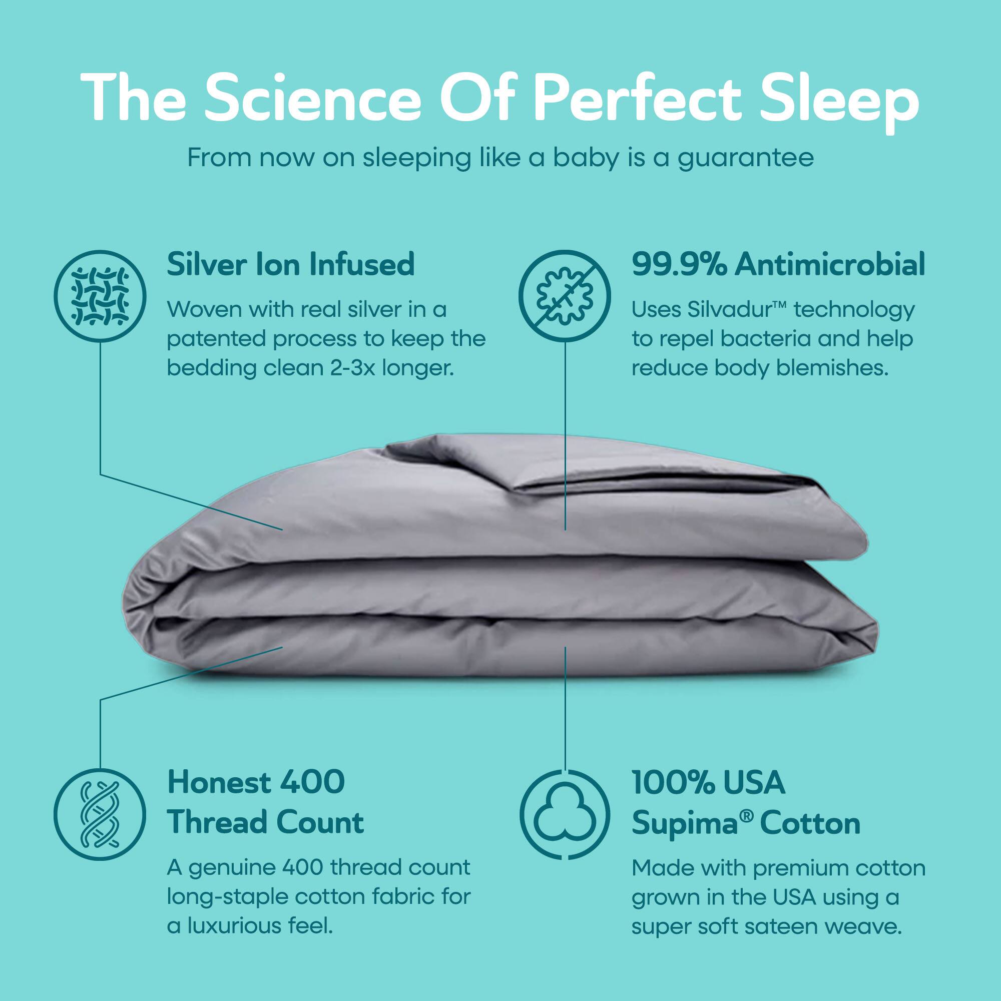 The Science Of Perfect Sleep  
From now on sleeping like a baby is a guarantee

Silver Ion Infused  
Woven with real silver in a patented process to keep the bedding clean 2-3x longer.

99.9% Antimicrobial  
Uses Silvadur™ technology to repel bacteria and help reduce body blemishes.

Honest 400 Thread Count  
A genuine 400 thread count long-staple cotton fabric for a luxurious feel.

100% USA Supima® Cotton  
Made with premium cotton grown in the USA using a super soft sateen weave.