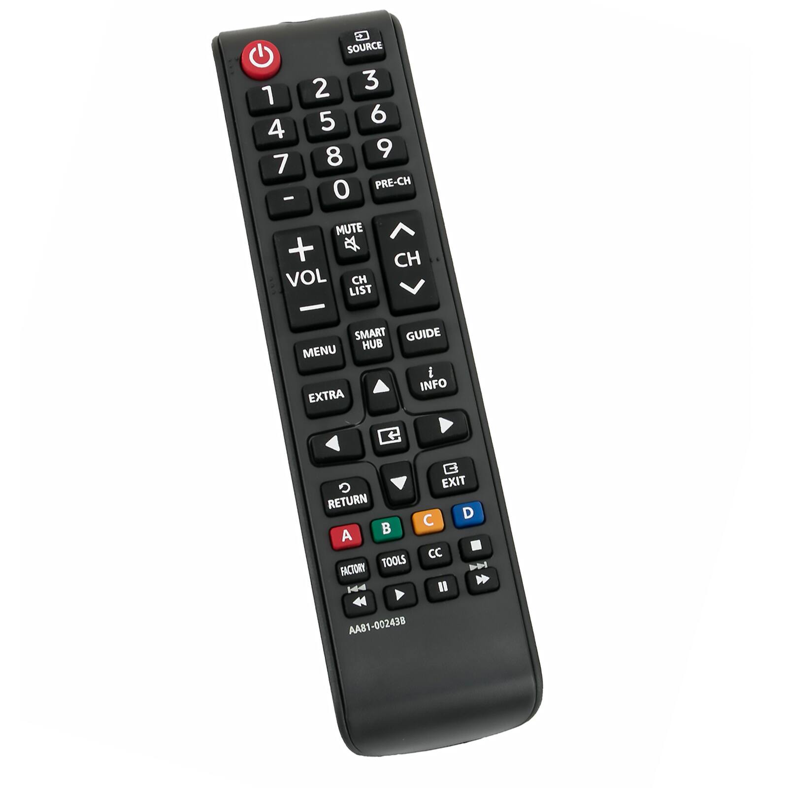 1 2 3  
4 5 6  
7 8 9  
0 PRE-CH  

SOURCE CH  

MUTE VOL CH LIST  

GUIDE INFO  

SMART HUB MENU  

EXTRA  

RETURN  

A FACTORY B TOOLS  

C CC D EXIT  

OLS  

CC  

AAB1-00243B