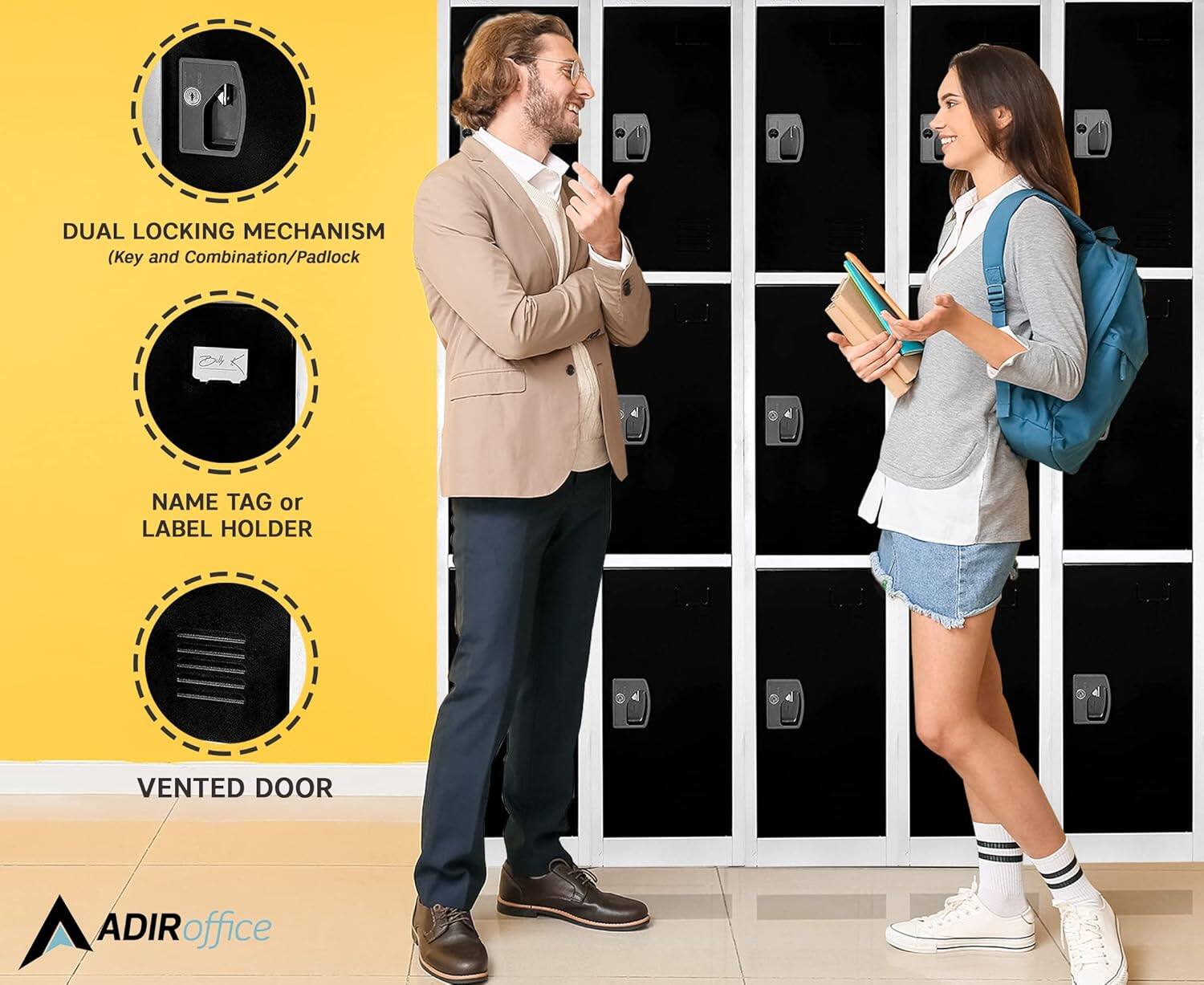 DUAL LOCKING MECHANISM (Key and Combination/Padlock), NAME TAG or LABEL HOLDER, VENTED DOOR, ADIRoffice