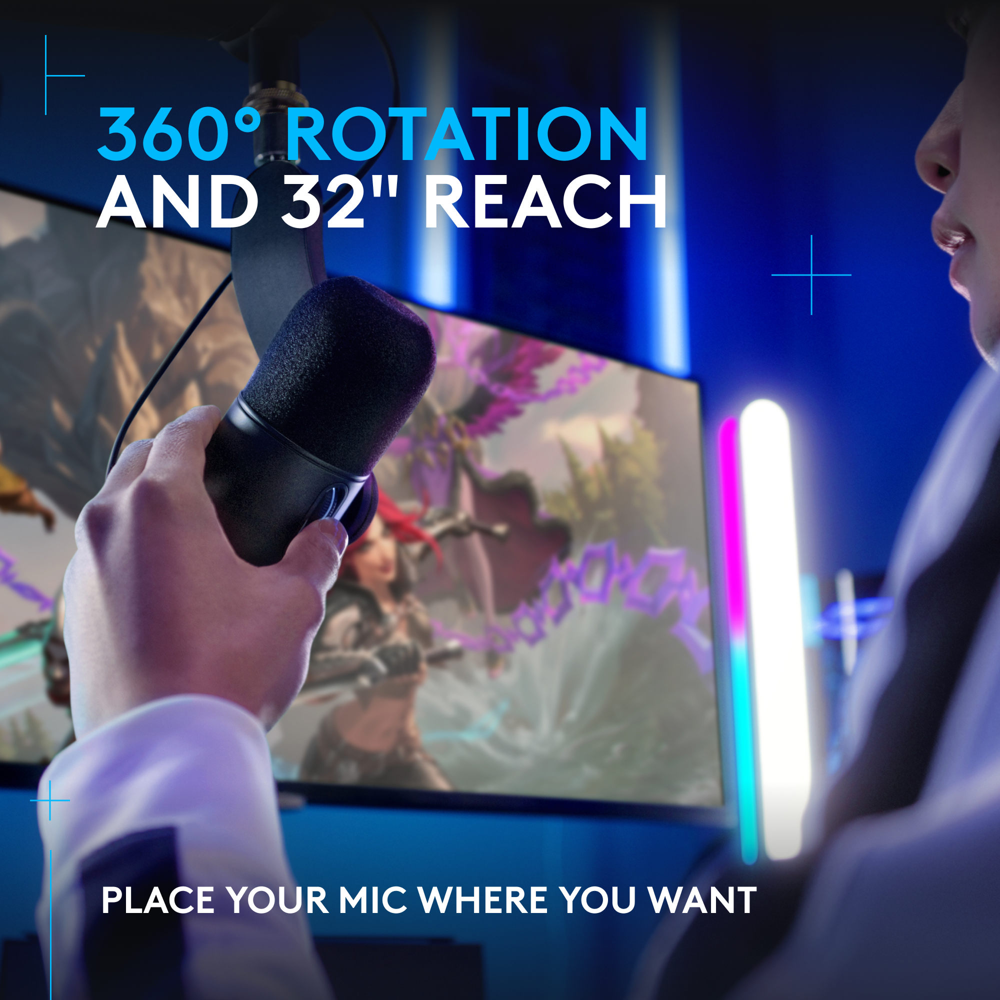 The text on the image is grouped as follows:
* 360 ROTATION AND 32" REACH: This is a description of the product's features.
* PLACE YOUR MIC WHERE YOU WANT: This is a call to action, encouraging the user to customize the placement of the microphone according to their preferences.