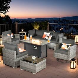 Ovios - 9 PCS Patio Furniture Sofa Set with 42" Fire Pit Table & Coffee Table for Porch Balcony - Black