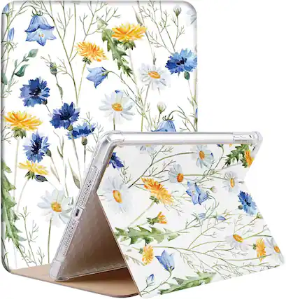 Front. DuraSafe Cases - iPad 9.7" 6th/5th Gen & Air 2/Air 1 Slim Printed Folio with Auto Sleep/Wake A1474 A1475 A1476 A1566 A1567 A1822 A1823 - Blue & Yellow Flowers.