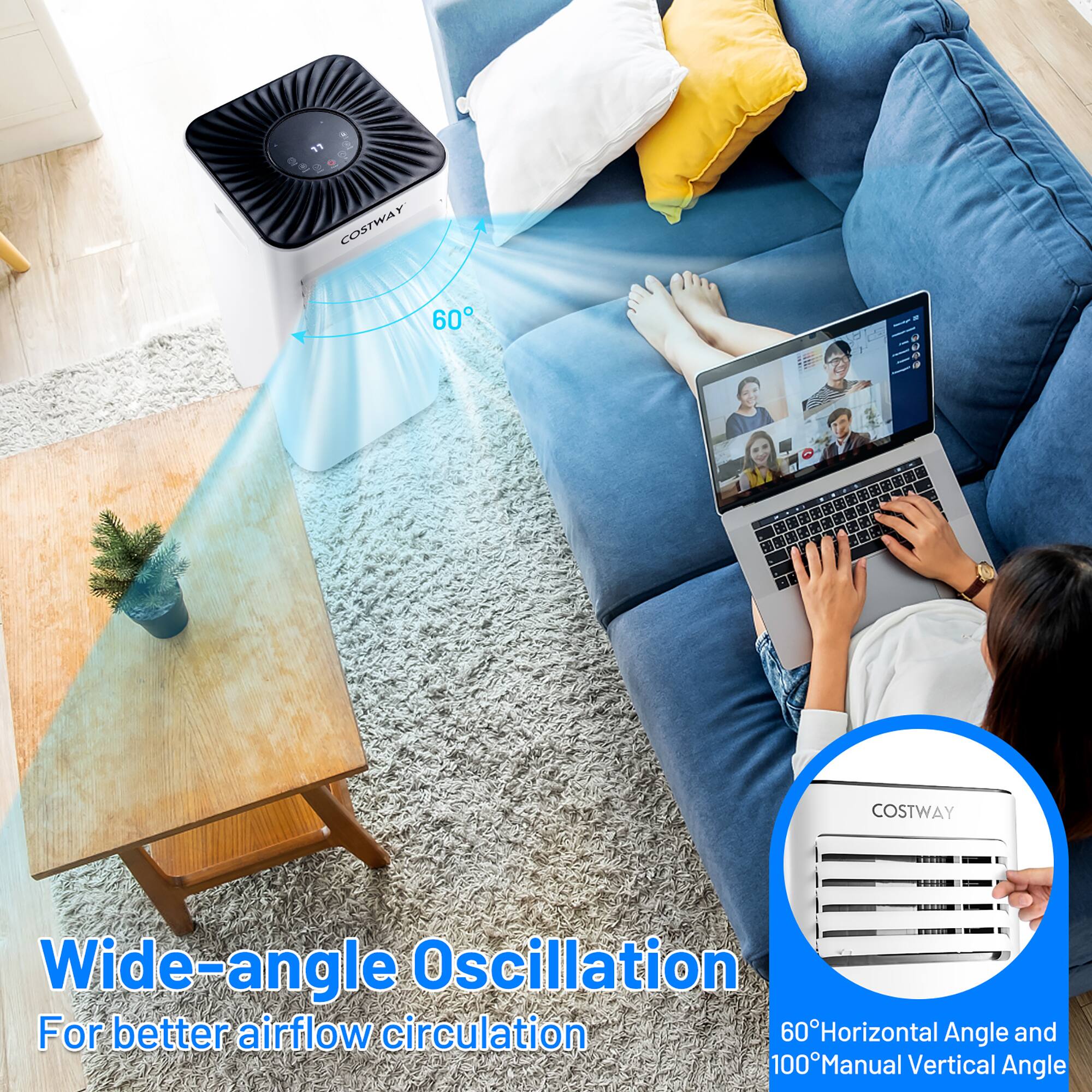 "Wide-angle Oscillation For better airflow circulation 60 Horizontal Angle and 100 Manual Vertical Angle"
