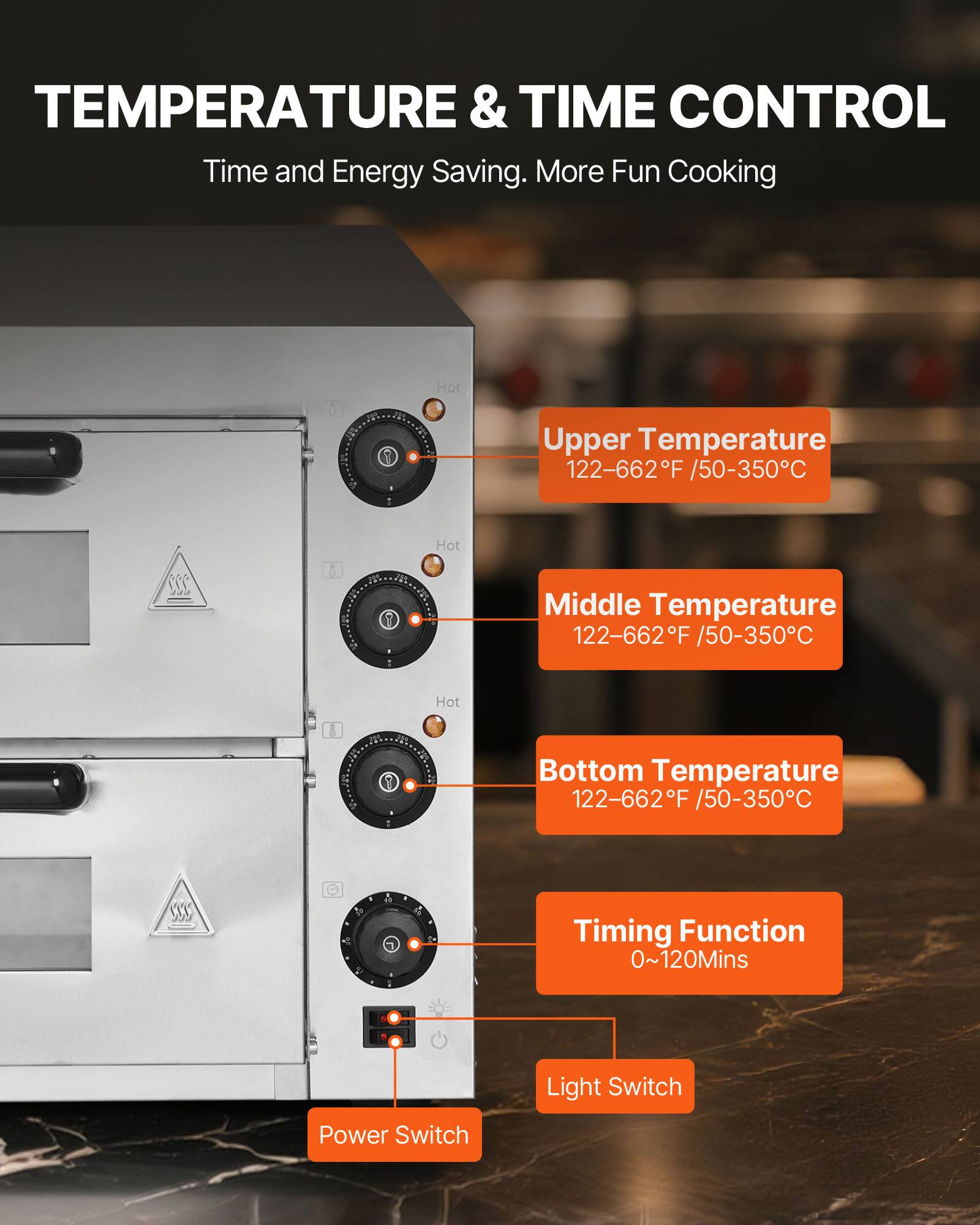 TEMPERATURE & TIME CONTROL  
Time and Energy Saving. More Fun Cooking  

Upper Temperature  
122-662°F / 50-350°C  

Middle Temperature  
122-662°F / 50-350°C  

Bottom Temperature  
122-662°F / 50-350°C  

Timing Function  
0~120 Mins  

Light Switch  

Power Switch