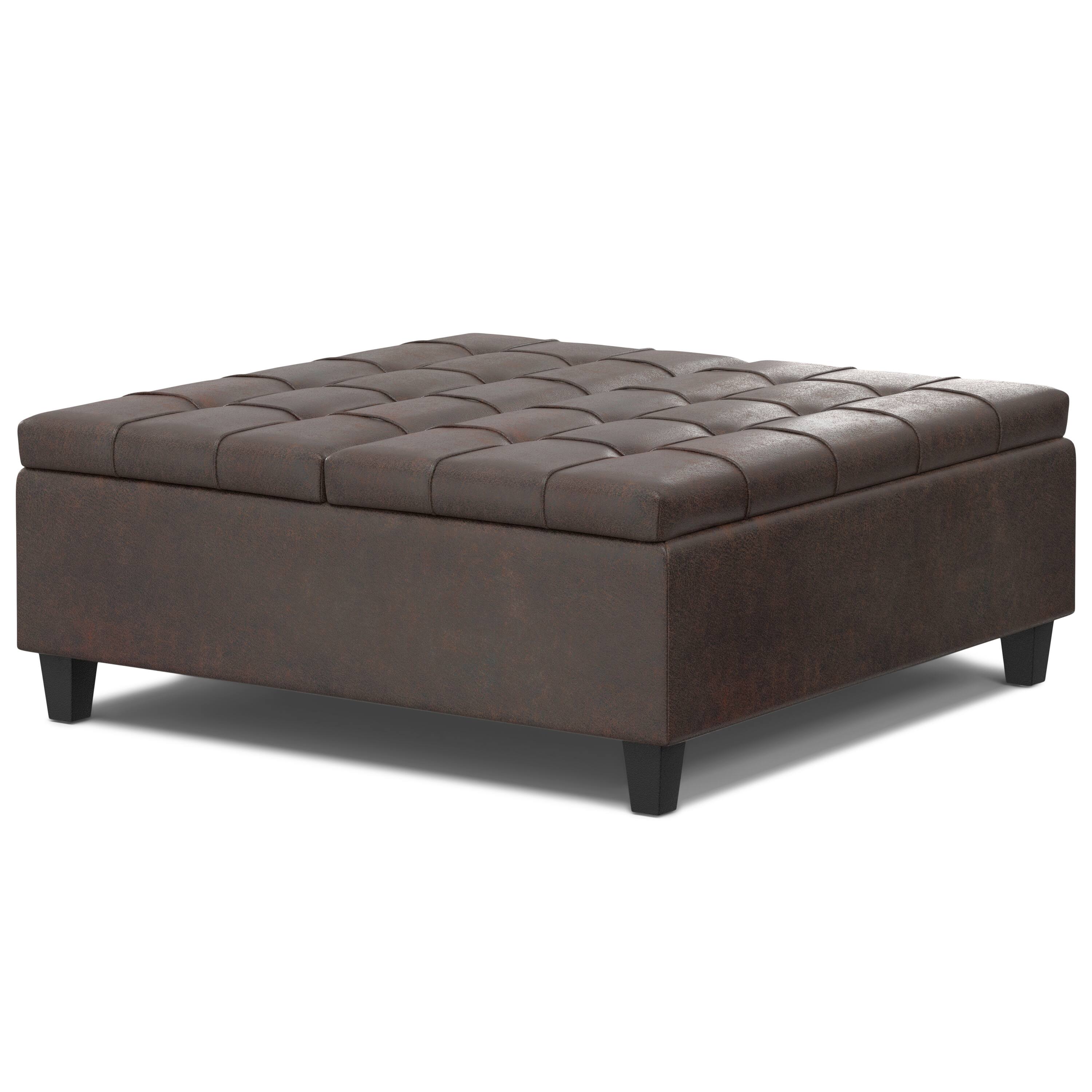 Angle. Simpli Home - Harrison Large Square Coffee Table Storage Ottoman - Distressed Brown.