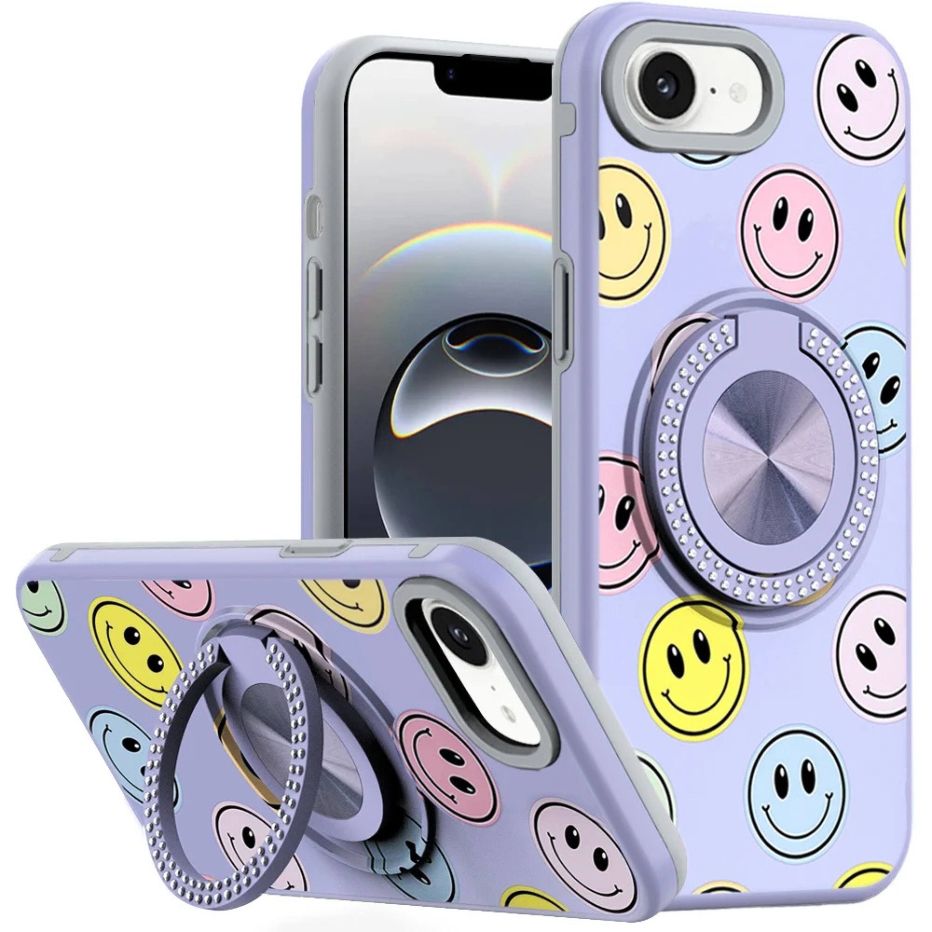Front. Kitcheniva - Printed Bling 360 Rotating Ring Stand Phone Case With Tempered Glass For iPhone 16e 17e Smiley - Smile.