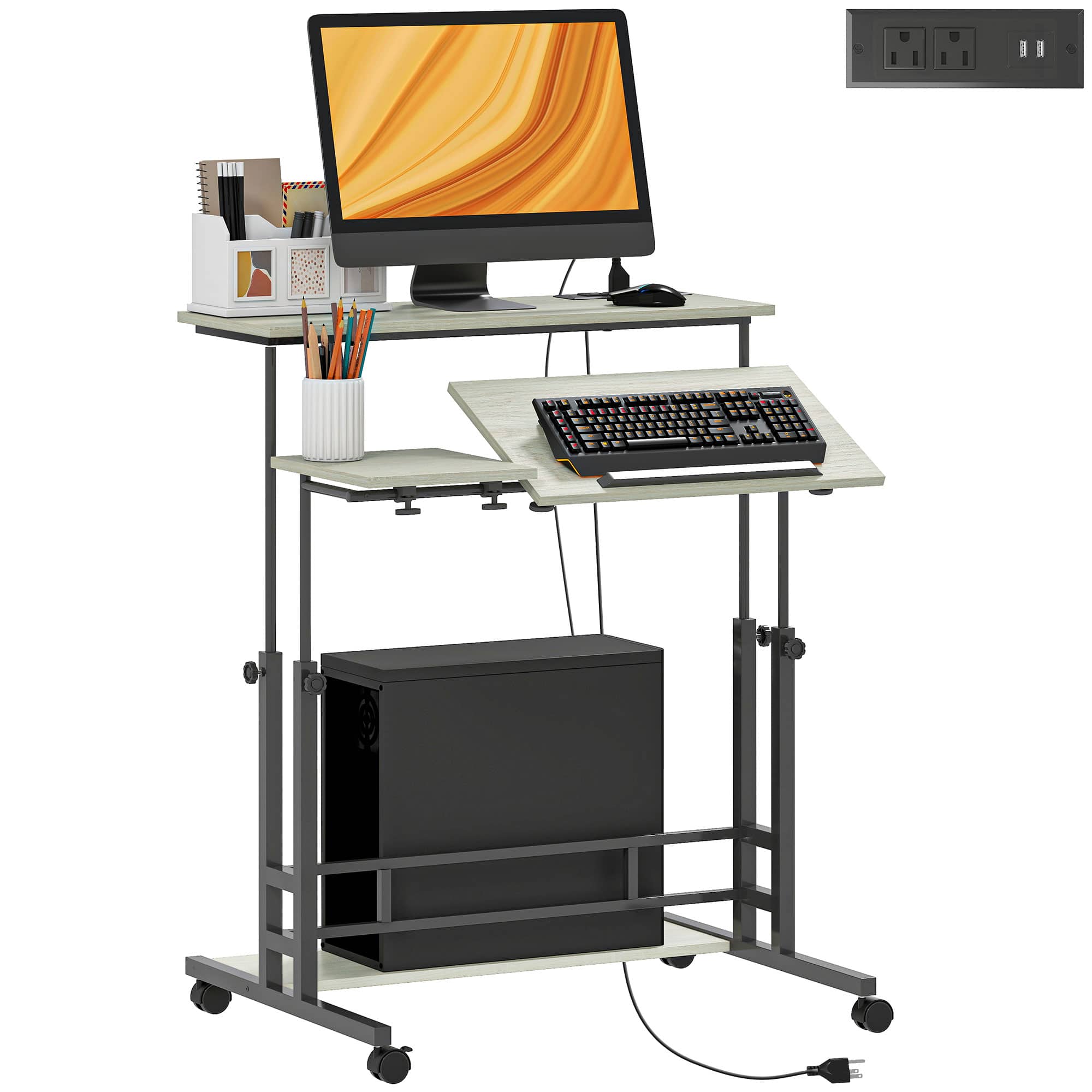 Homcom - Height Adjustable Standing Desk with Power Outlets, Tiltable Top, Lockable Wheels, Rolling Workstation - Oak