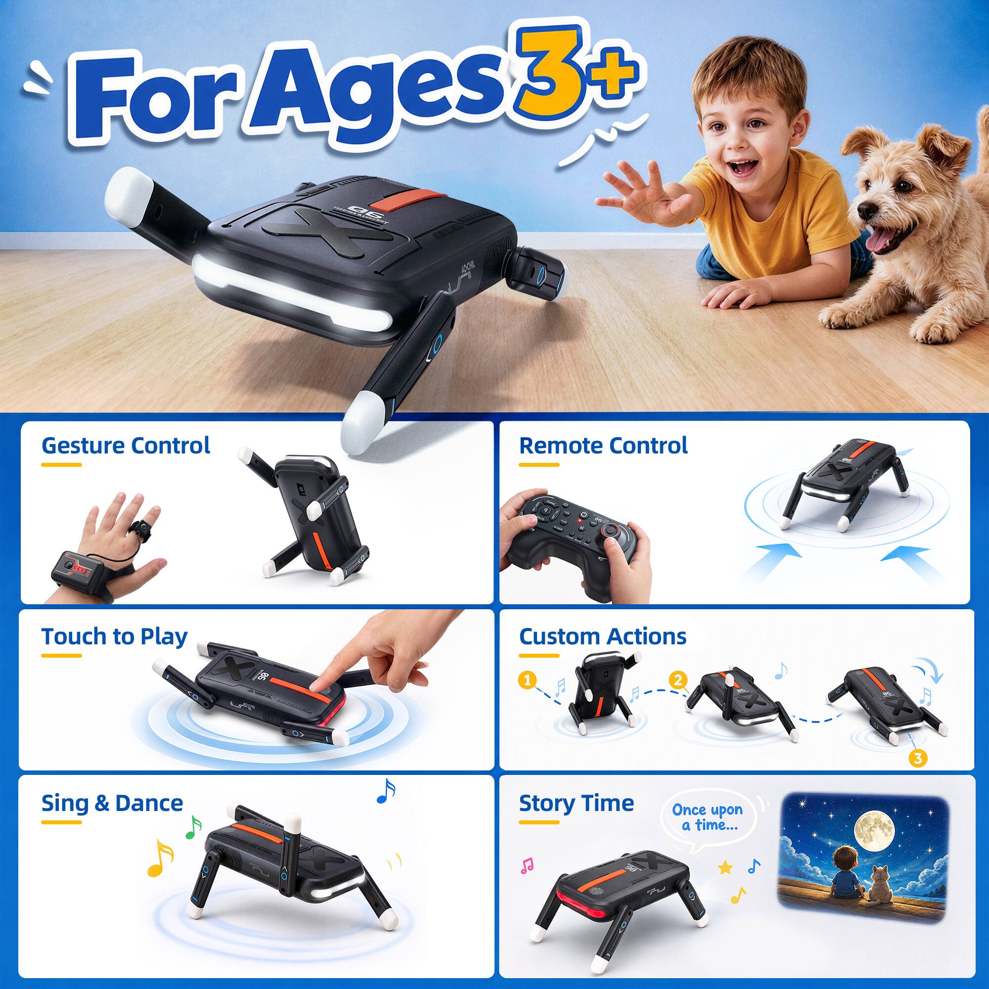 For Ages 3+  
90

Gesture Control  
Remote Control  
Touch to Play  
Custom Actions  
Sing & Dance  
Story Time  
Once upon a time...