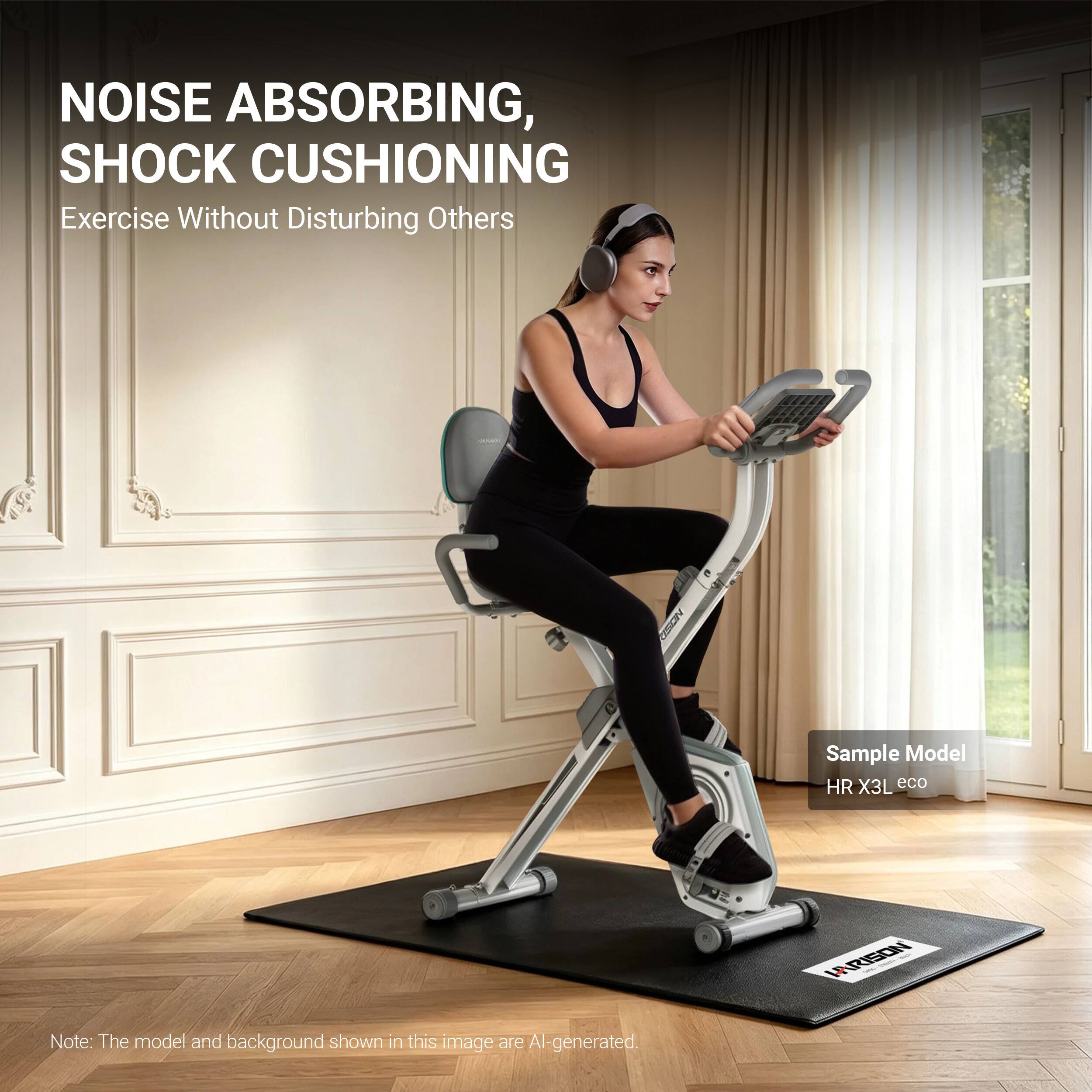 NOISE ABSORBING, SHOCK CUSHIONING  
Exercise Without Disturbing Others  

Sample Model HR X3L eco  

Note: The model and background shown in this image are AI-generated.