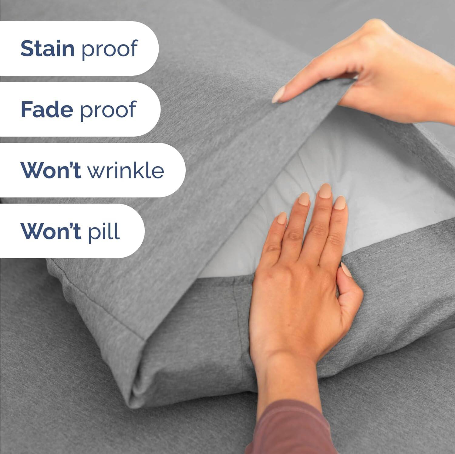 Stain proof  
Fade proof  
Won't wrinkle  
Won't pill