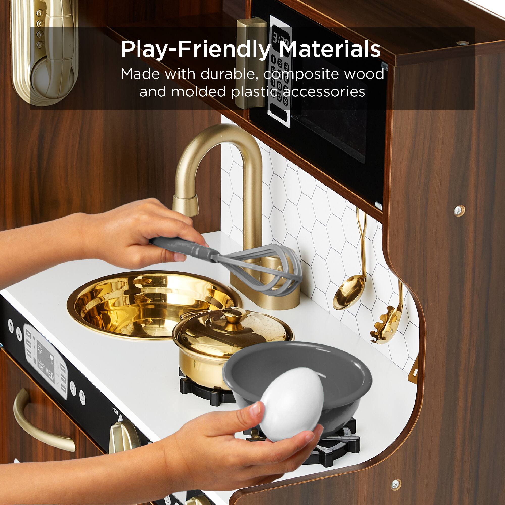 Play-Friendly Materials  
Made with durable, composite wood and molded plastic accessories