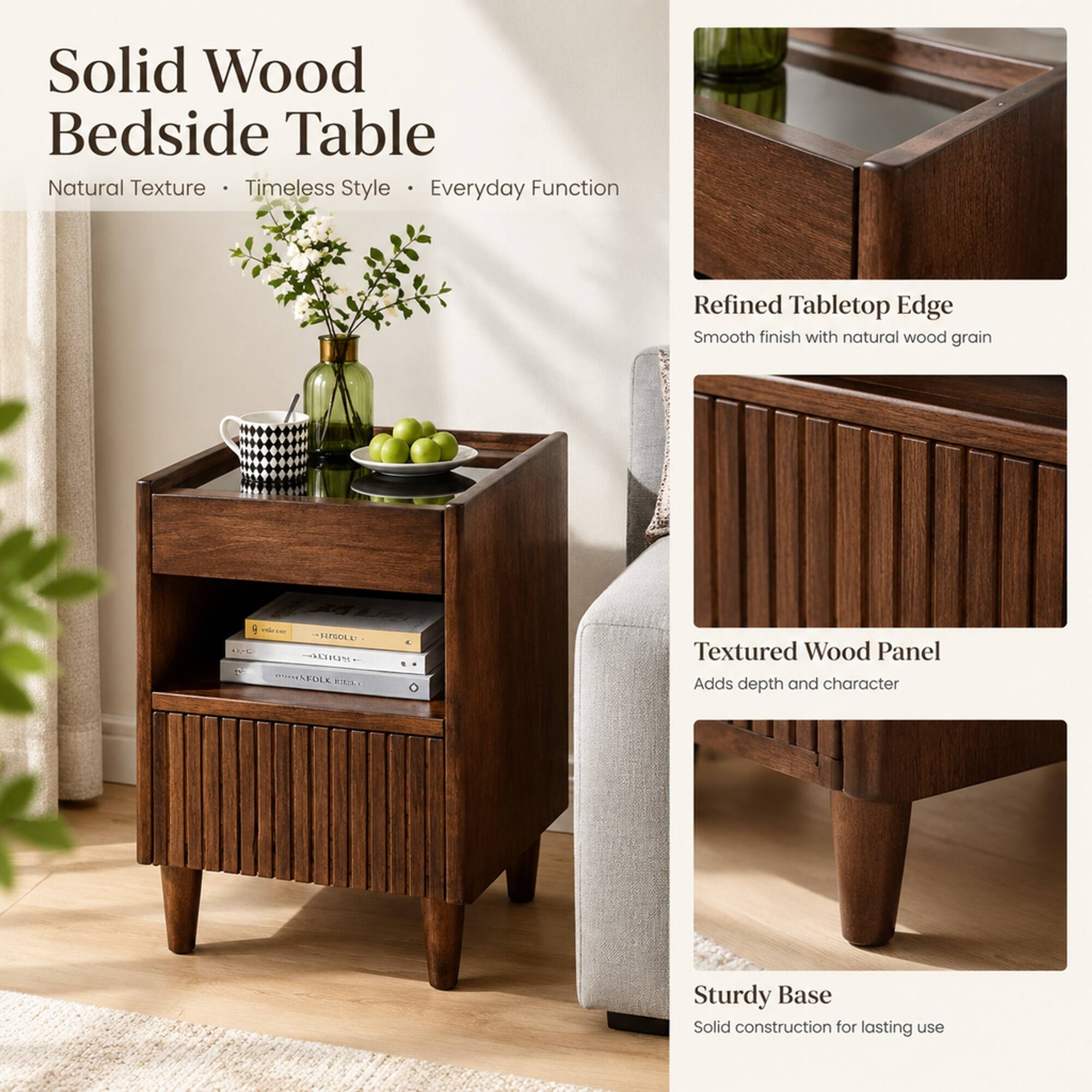 Solid Wood Bedside Table  
Natural Texture • Timeless Style • Everyday Function

Refined Tabletop Edge  
Smooth finish with natural wood grain

Textured Wood Panel  
Adds depth and character

Sturdy Base  
Solid construction for lasting use