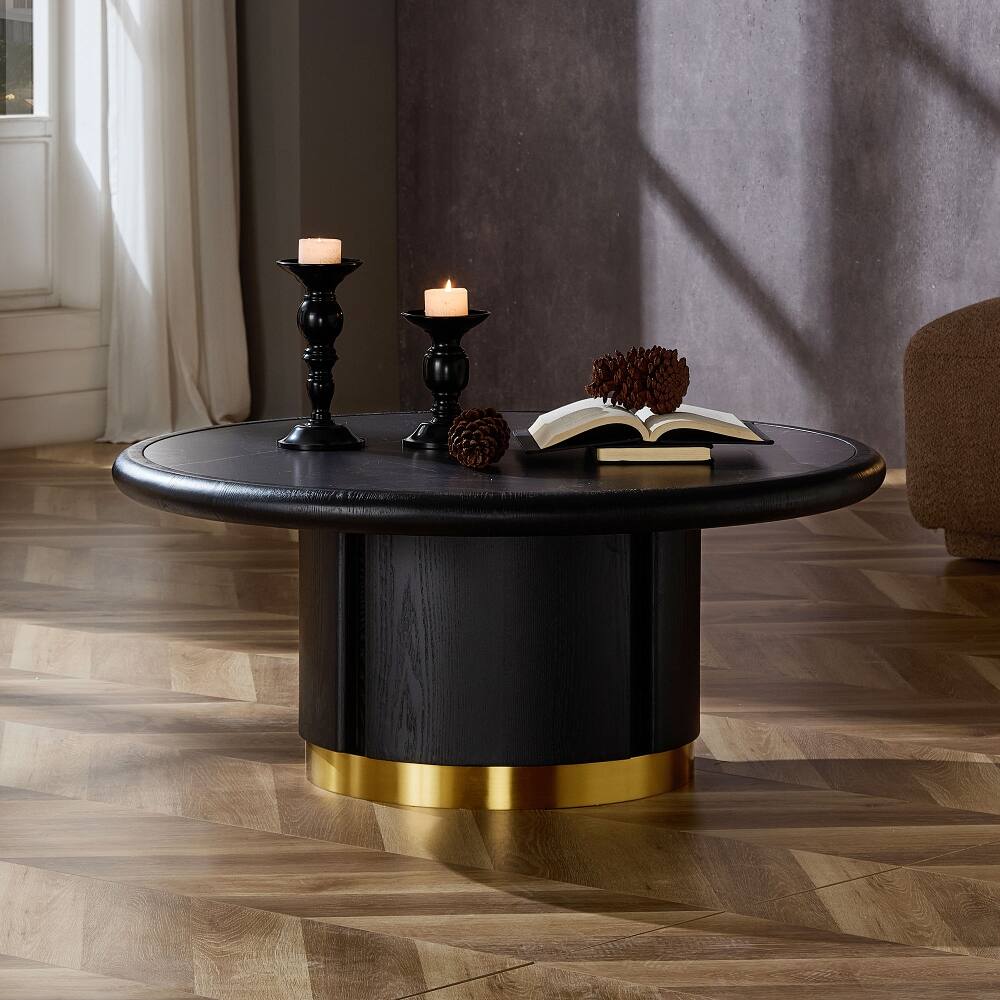 Left. Loheer - Loheer 35.43 Inch Round Coffee Table Sintered Stone Modern MDF Pedestal Living Room Table Black - Black.