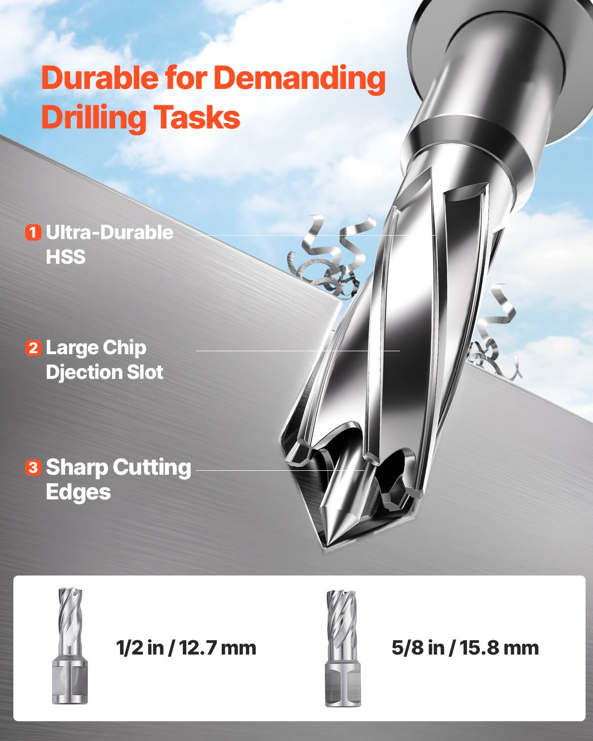 Durable for Demanding Drilling Tasks
1 Ultra-Durable HSS
2 Large Chip Djection Slot
3 Sharp Cutting Edges
1/2 in/12.7mm
5/8 in/15.8mm