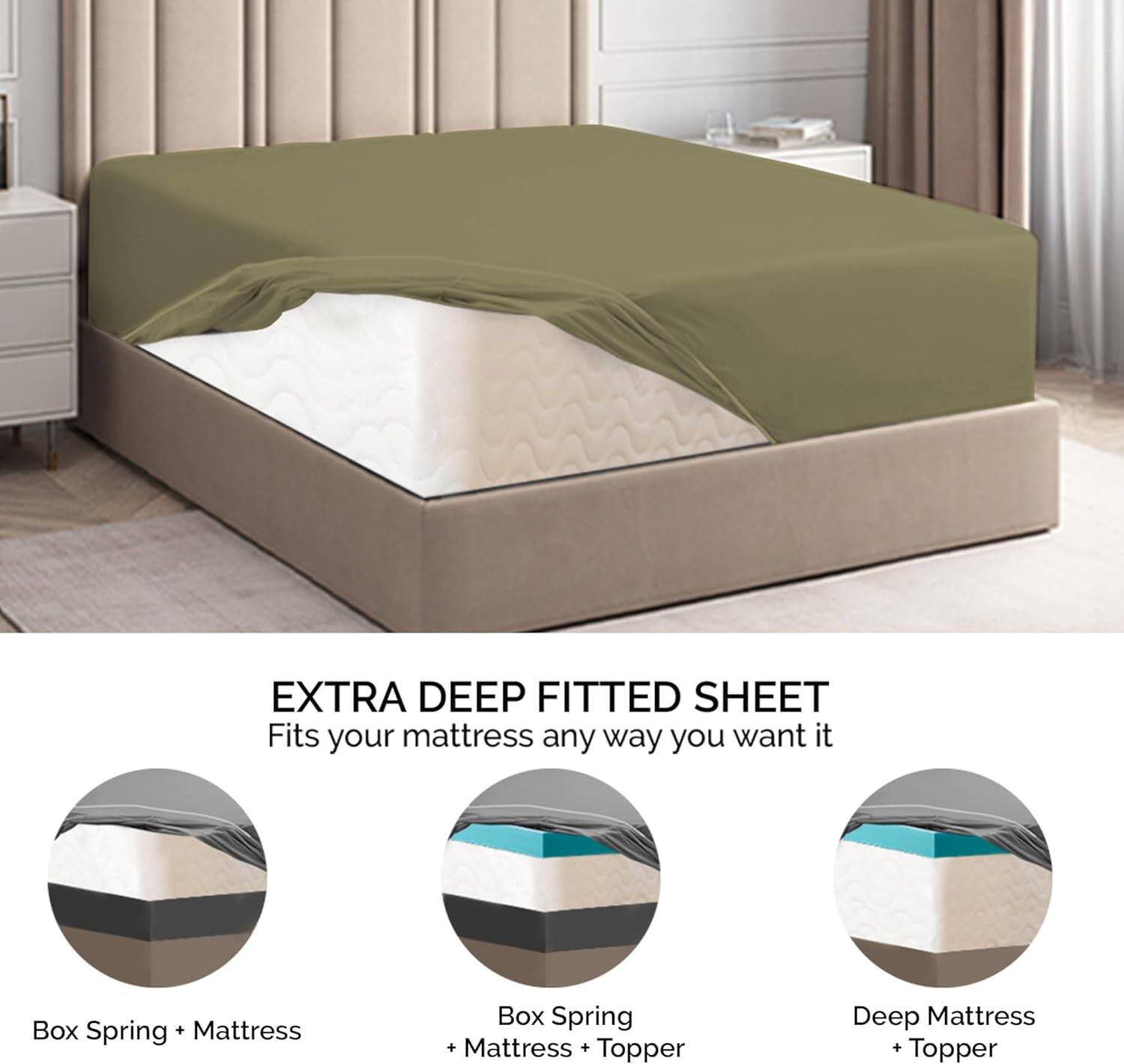 EXTRA DEEP FITTED SHEET  
Fits your mattress any way you want it  

- Box Spring + Mattress  
- Box Spring + Mattress + Topper  
- Deep Mattress + Topper