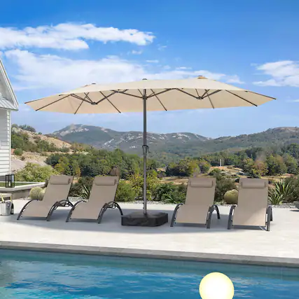 Front. PURPLE LEAF - 14 ft. Patio Market Umbrella with Base Double-Sided Outdoor Table Sun Umbrellas with Crank for Pool Beach Deck Backyard - Beige.