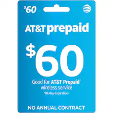$60 AT&T prepaid
$60
Good for AT&T Prepaid wireless service
90-day expiration
NO ANNUAL CONTRACT