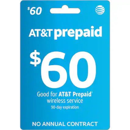 $60 AT&T prepaid
$60
Good for AT&T Prepaid wireless service
90-day expiration
NO ANNUAL CONTRACT