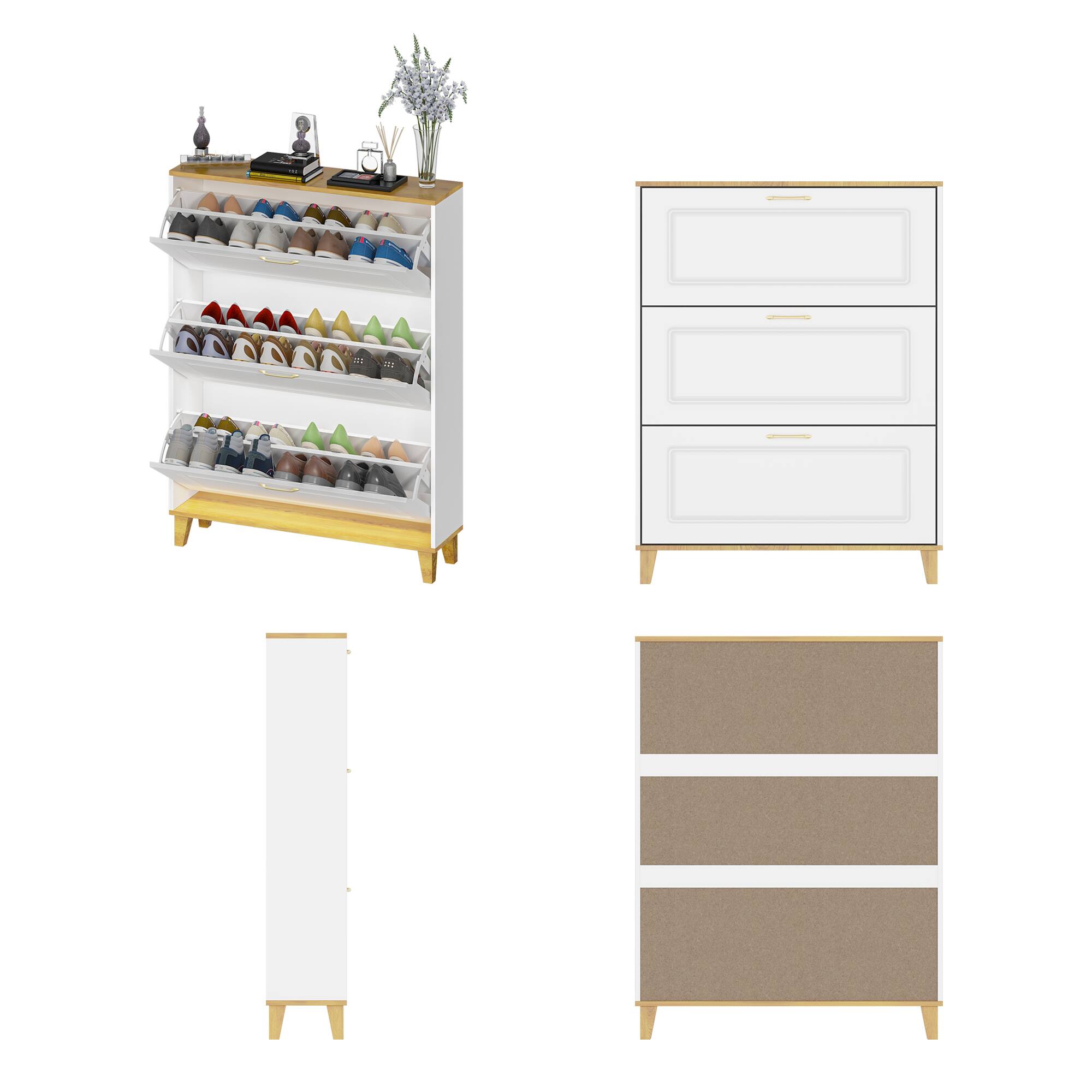 Angle. Famapy - Famapy Modern Flip - Down Shoe Cabinet with Solid Wood Legs - White & Wooden.