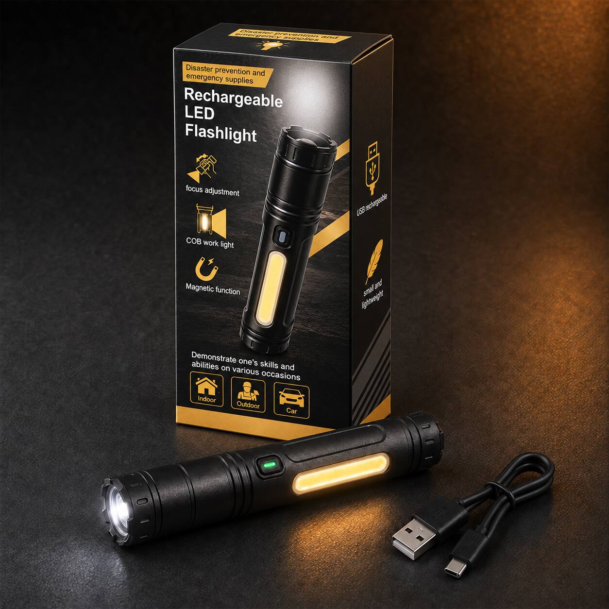 Disaster prevention and emergency supplies

Rechargeable LED Flashlight

- Focus adjustment
- COB work light
- Magnetic function
- Small and lightweight

Demonstrate one's skills and abilities on various occasions

- Indoor
- Outdoor
- Car