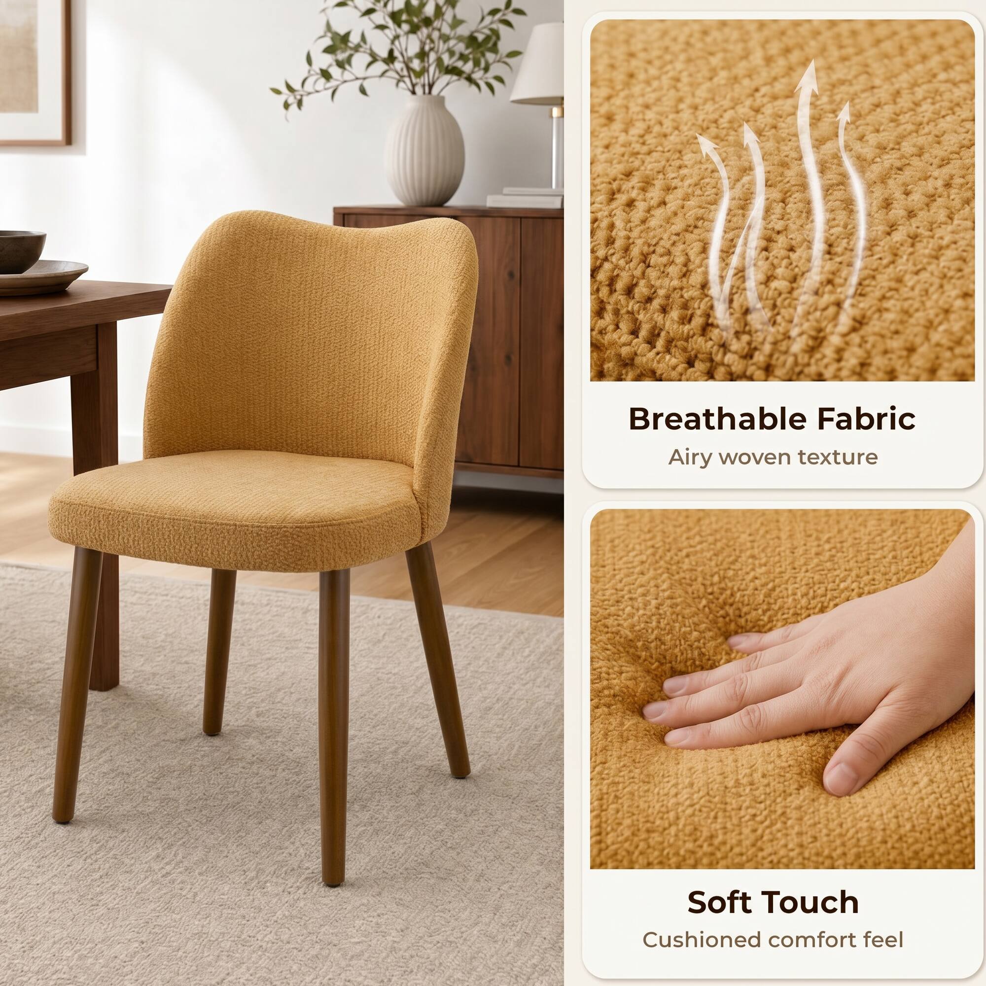 Breathable Fabric  
Airy woven texture  

Soft Touch  
Cushioned comfort feel