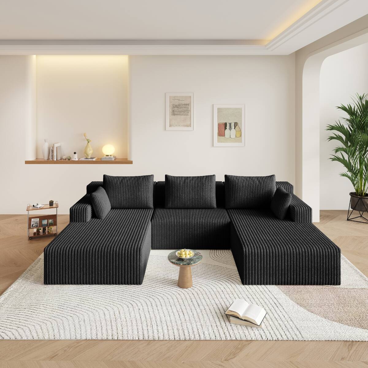 Front. Ropilly - Ropilly Modular Sleeper Sofa, Modern Corduroy Couch in Black, No Assembly Sectional for Living Room - Black.