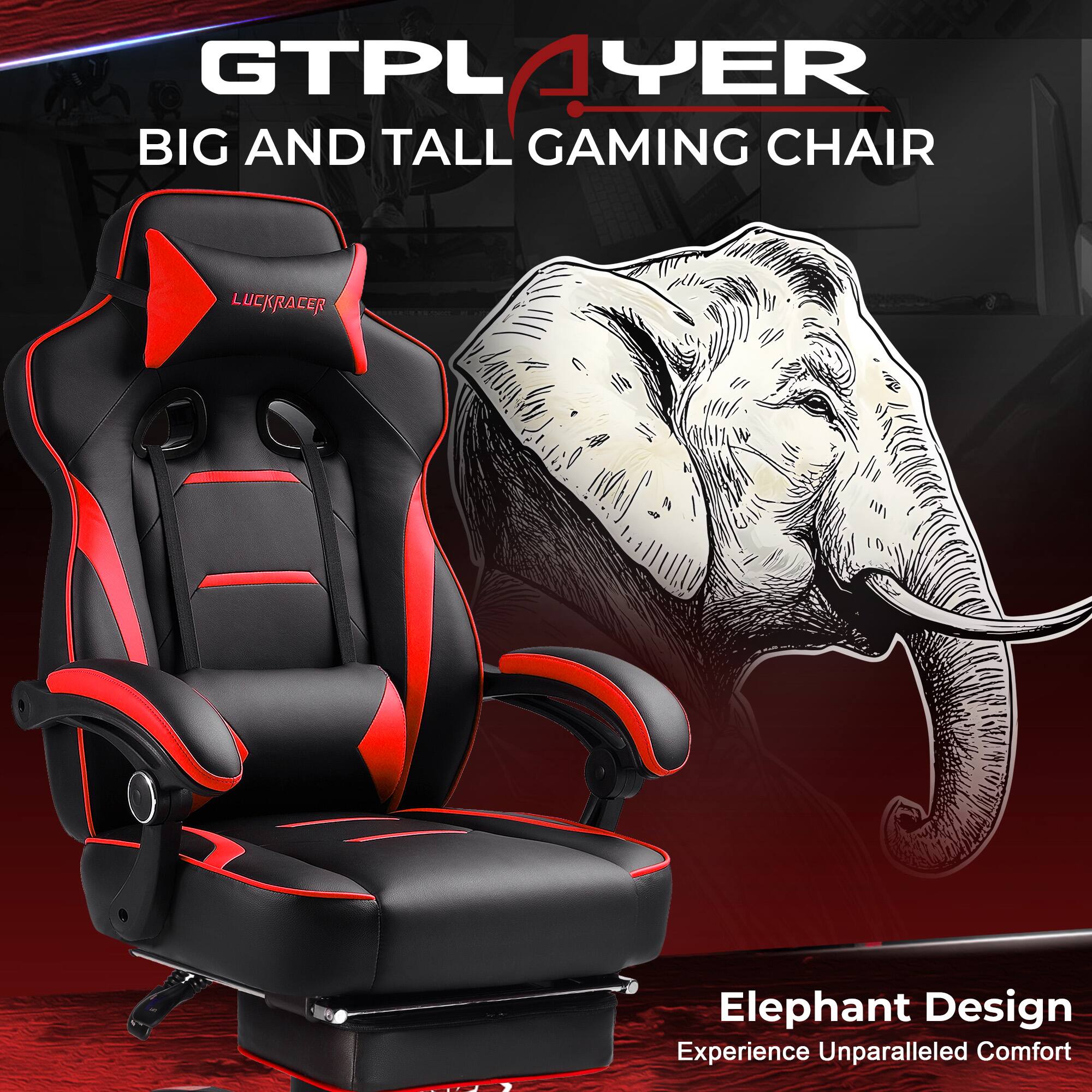 GTPLAYER, BIG AND TALL GAMING CHAIR, LUCKRACER, Elephant Design, Experience Unparalleled Comfort