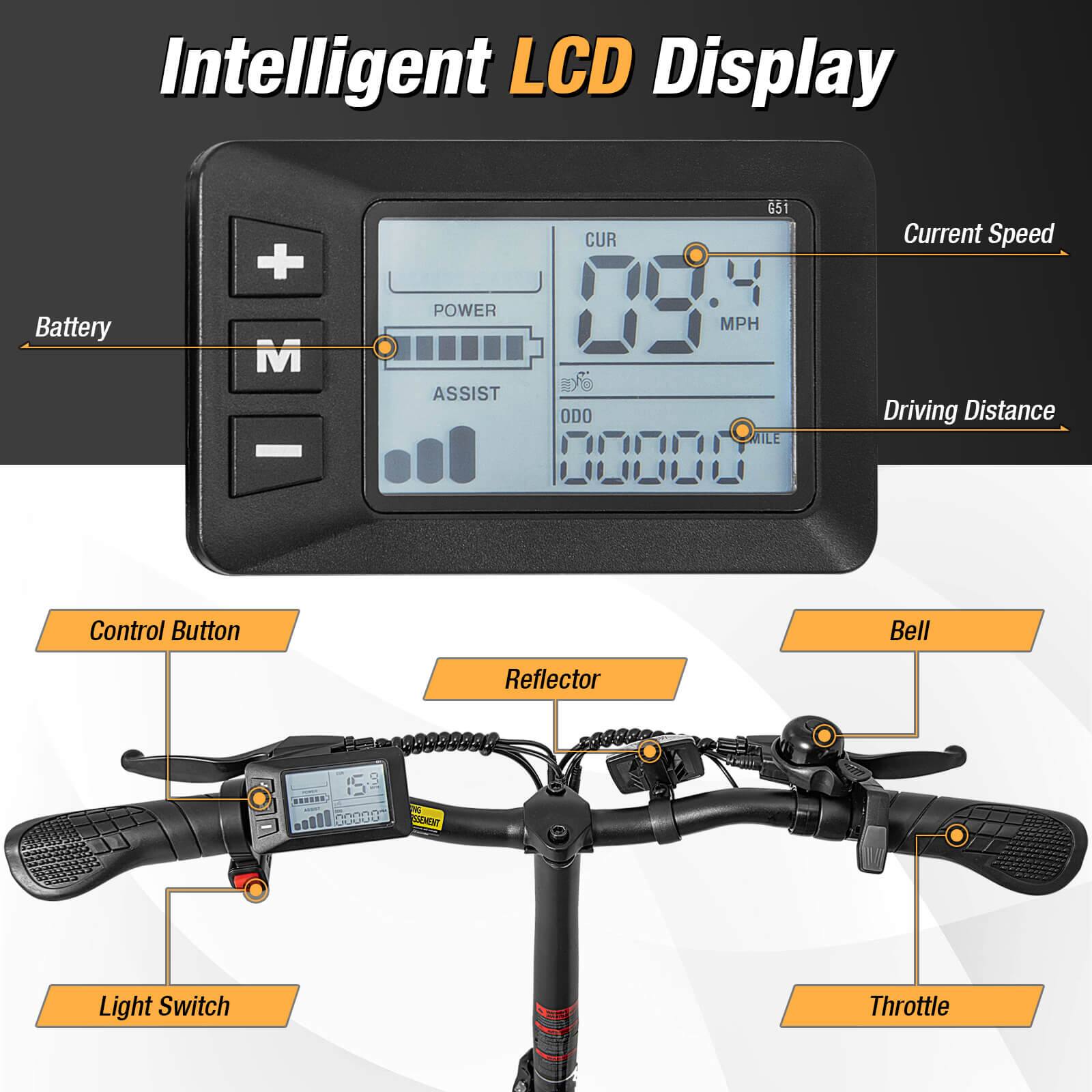 Intelligent LCD Display Battery + M - POWER CUR ODO G51 MPH MILE Current Speed Driving Distance Control Button Bell Reflector .**** Shon COLLECTION Light Switch Throttle